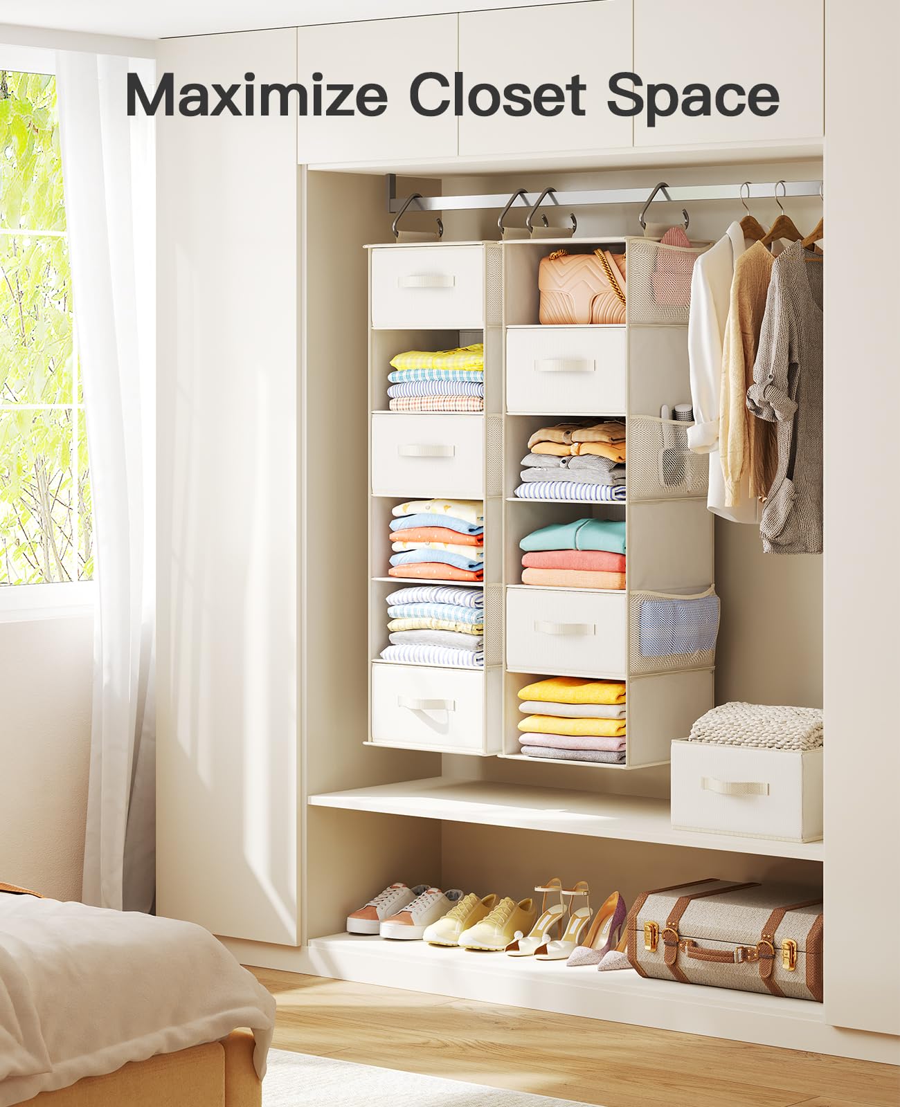 Pipishell 6-Shelf Hanging Closet Organizer with 3 Removable Drawers & Side Pockets - Space Saving Storage Solution for Bedroom, Closet, or Garment Rack - 12