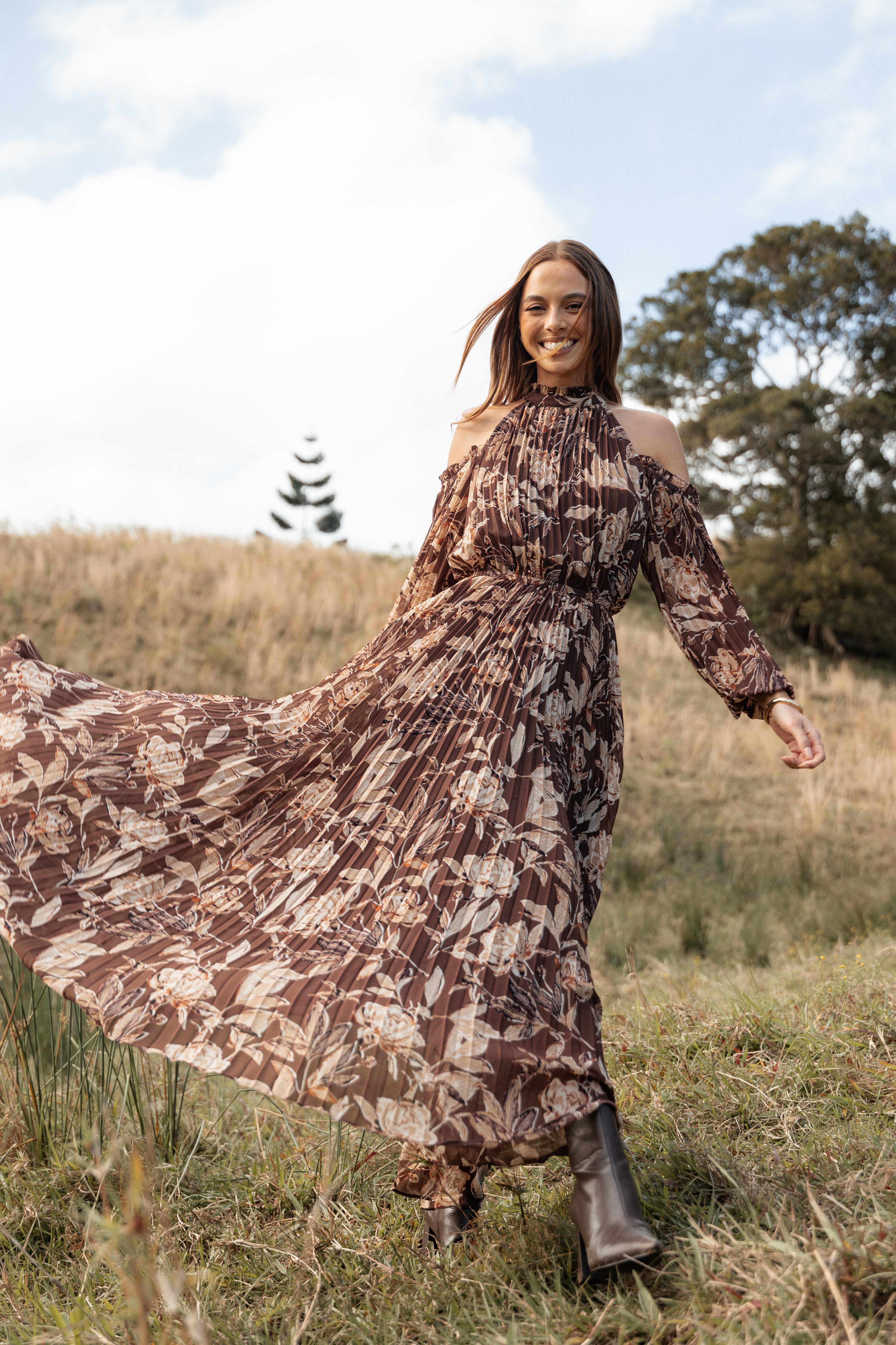Hilary Pleated Maxi Dress - Brown Floral Print Women's Long Dress for Summer, Beach, Wedding & Special Occasions