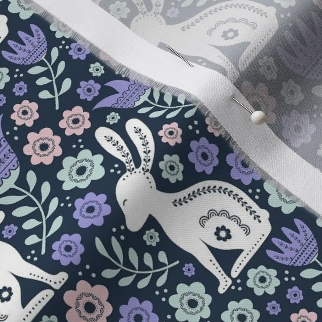Easter Folk Bunny Rabbit Spring Scandi Floral Navy Printed Organic Cotton Sateen Fabric by The Yard - Premium Spoonflower Material for Sewing, Quilting, Apparel & Home Decor - Perfect for Easter Crafts, Spring Dresses and Cozy Home Decorations
