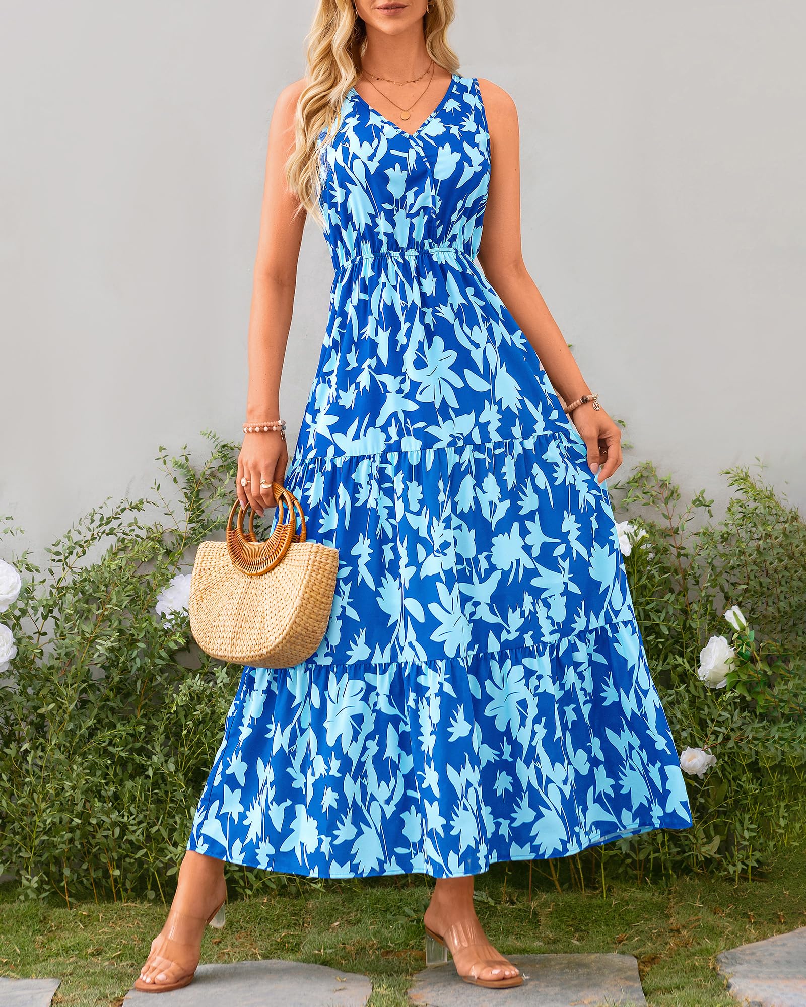 BTFBM Women's Summer Casual Sleeveless Floral Maxi Dress - Elegant Long Dress for Wedding Guest, Beach Vacation, and Outdoor Parties