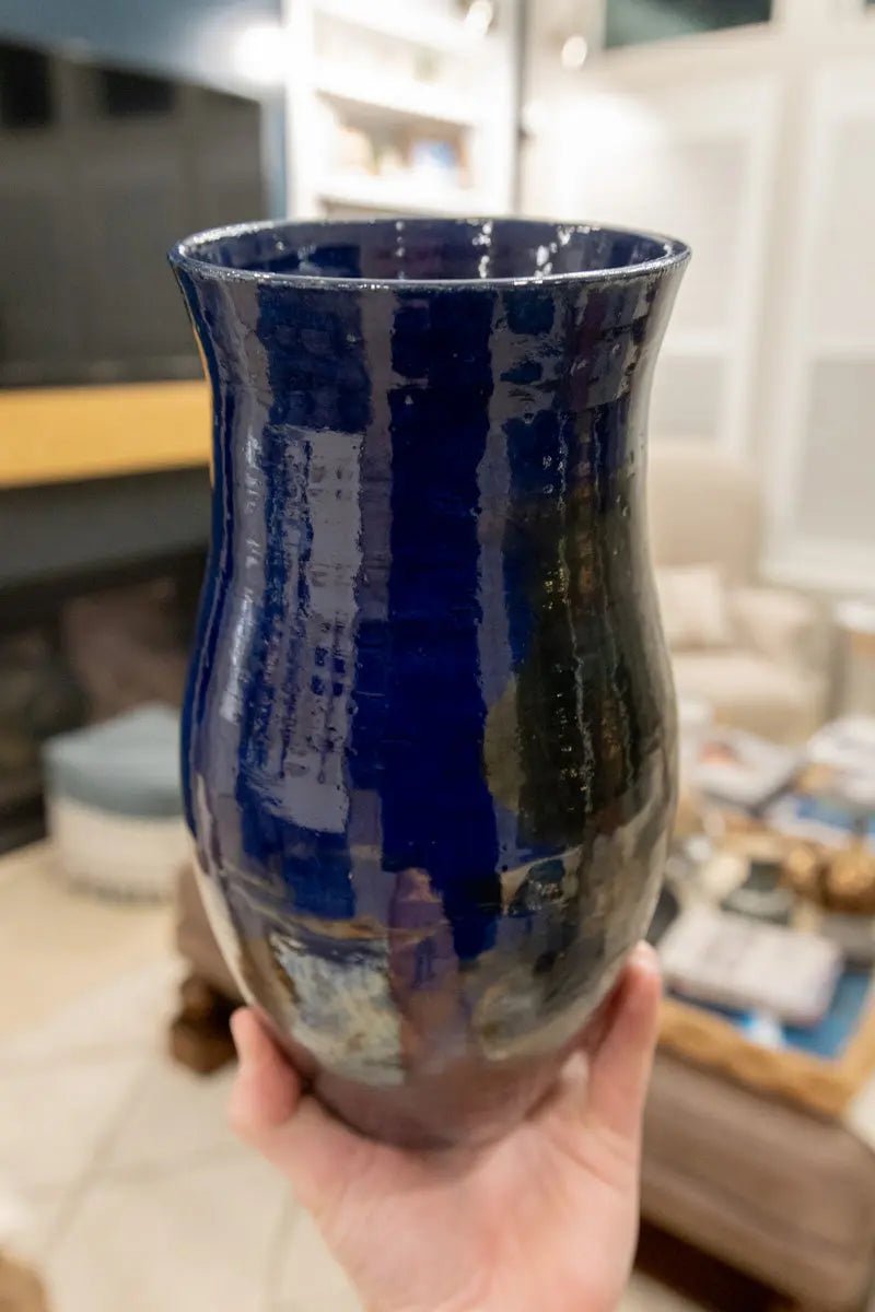 XL Raku Pottery Decorative Vase - Handcrafted Cobalt Blue & Silver Ceramic Vase for Home Decor, Wedding Centerpiece, and Luxury Gift
