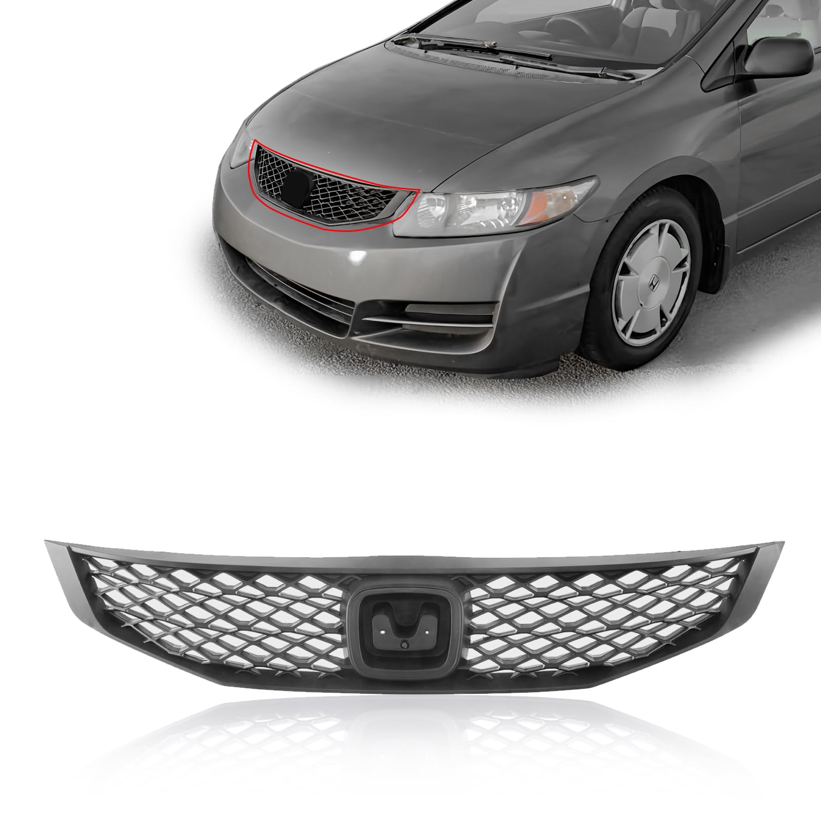 2010-2011 Honda Civic Coupe Front Black Grille with Emblem Insert | Replacement Car Part HO1200199 | Perfect for Custom Upgrades & Car Restoration Projects