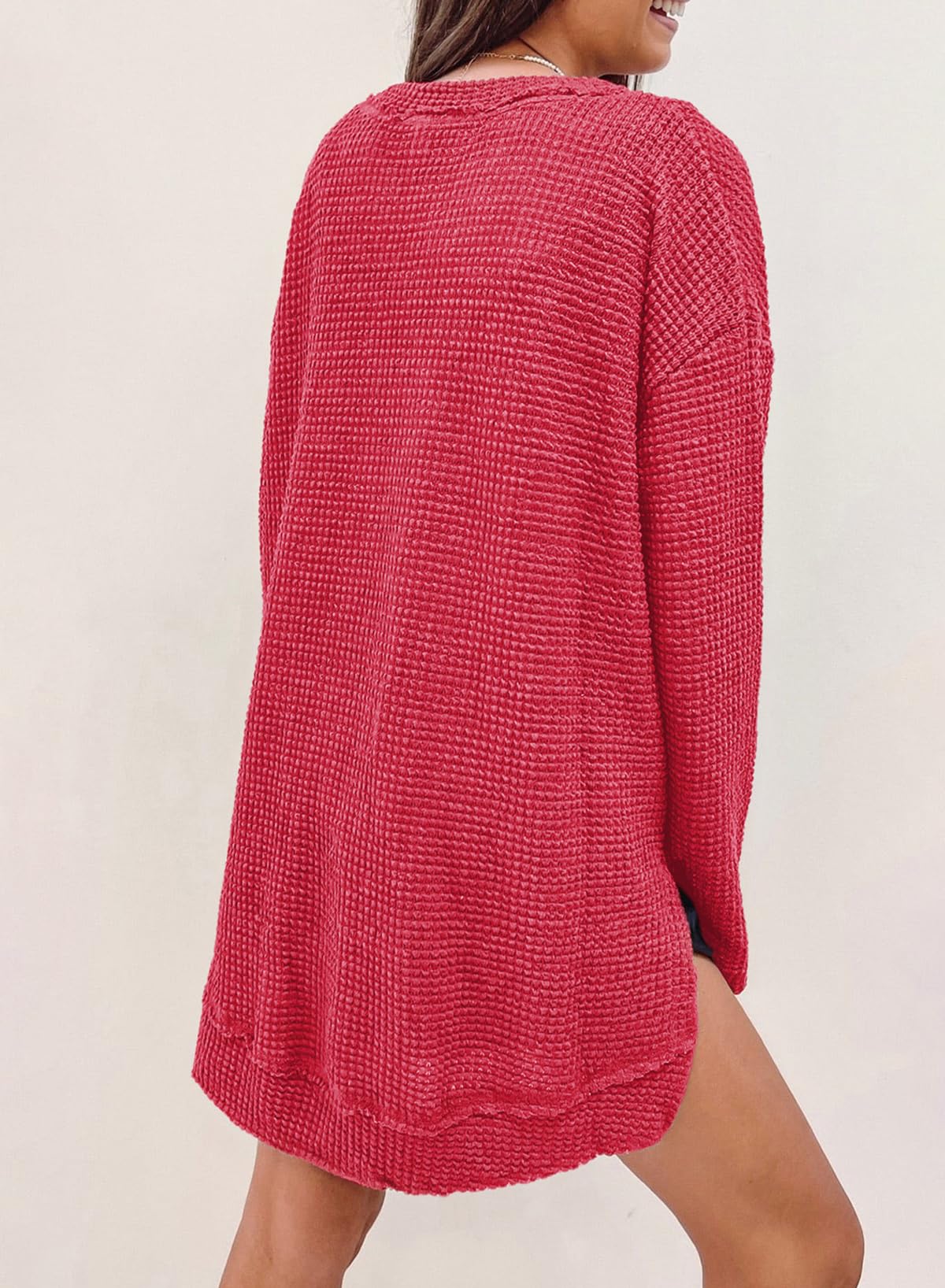Women's Oversized Long Sleeve Crewneck Sweatshirt - Waffle Knit Casual Top for Spring 2025 | SHEWIN | Perfect for Layering, Weekend Outfits & Cozy Loungewear
