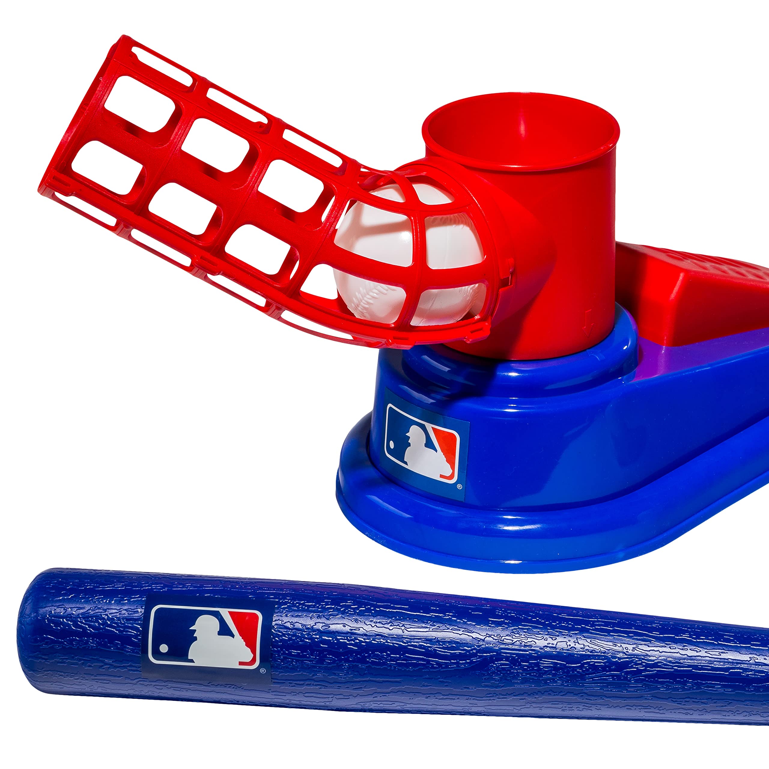 Franklin Sports Kids Baseball Pitching Machine - Pop A Pitch Batting Trainer with Youth Bat & 3 Plastic Balls - Perfect for Backyard Practice, Team Training & Birthday Gifts - Red/Blue Baseball Toy for Boys & Girls