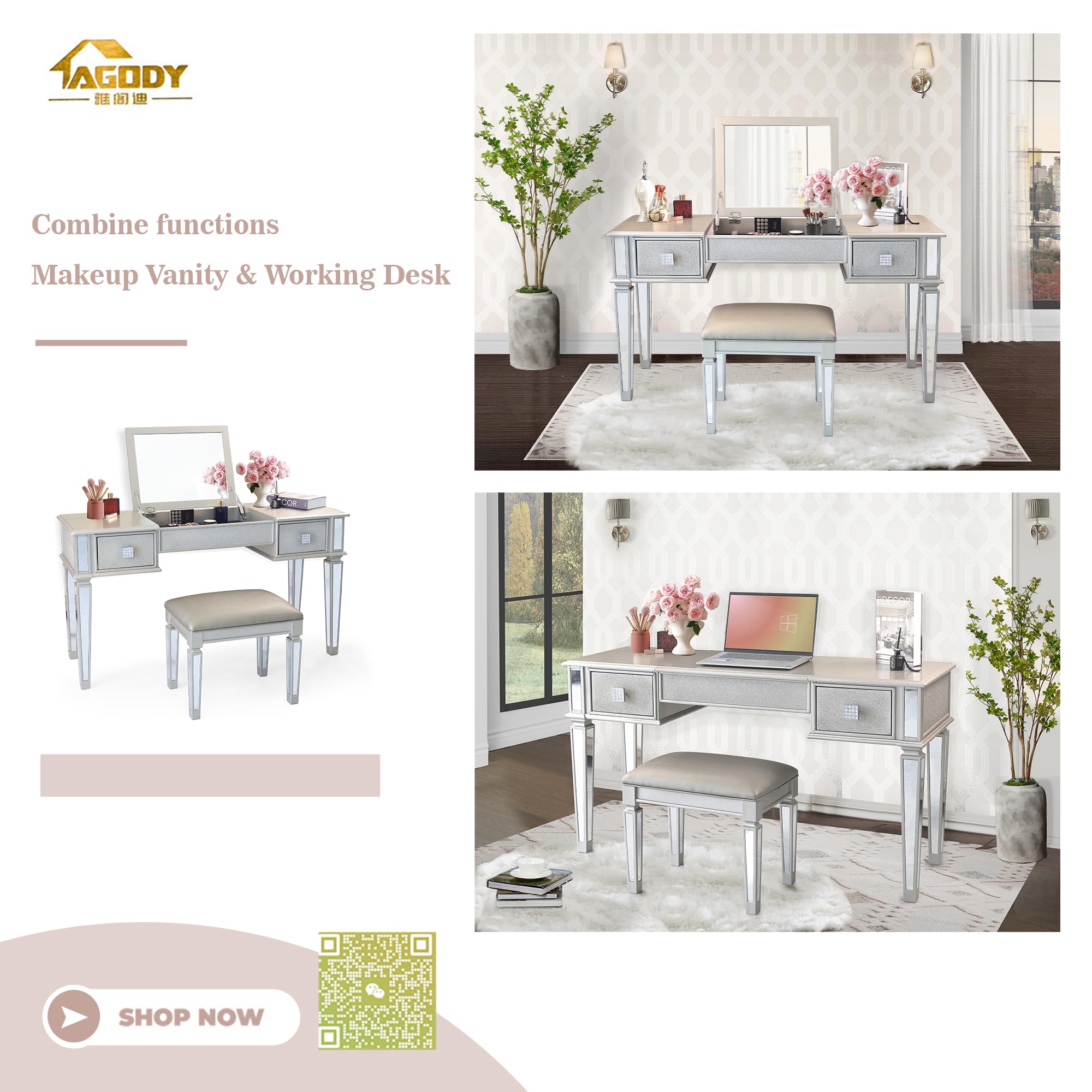 Classic Silver Makeup Vanity Desk with Mirror, Drawers & Stool - Flip-Up Dressing Table for Bedroom, Studio & Home Beauty Space - Perfect for Makeup Application, Hair Styling & Vanity Organization