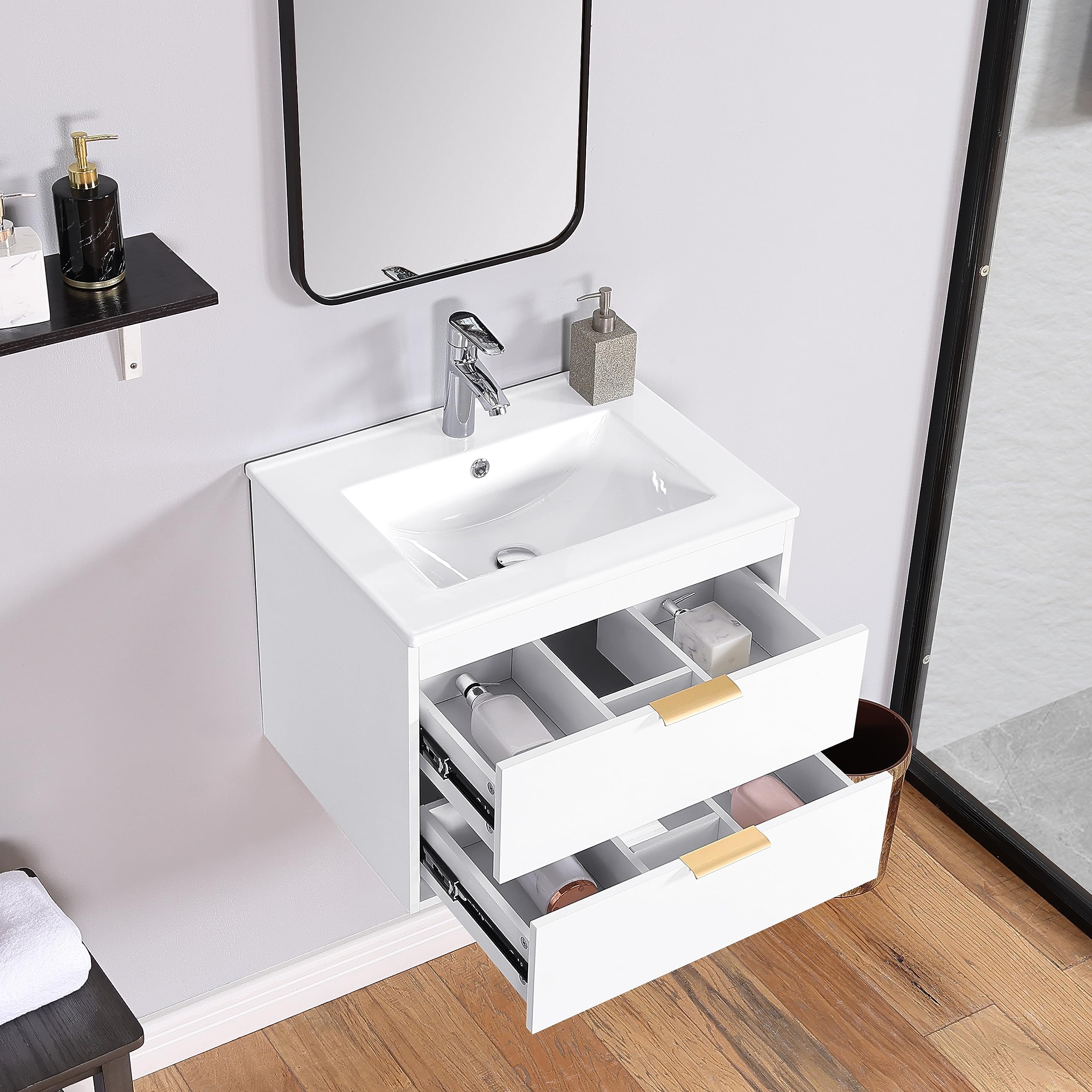 Polibi 24 Inch Floating Wall-Mounted Bathroom Vanity with Integrated Top Sink - White Modern Bathroom Storage Cabinet with 2 Drawers - Perfect for Small Bathrooms, Powder Rooms & Space-Saving Home Decor
