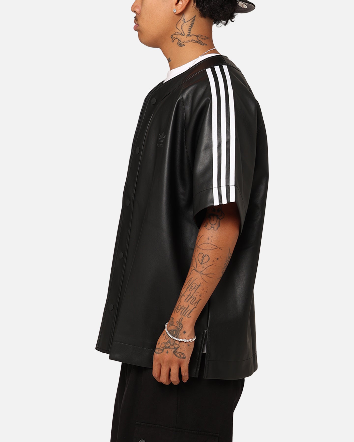 Adidas Faux Leather Adicolor 3 Stripes Baseball T-Shirt for Men - Black Casual Shirt for Streetwear, Sports & Everyday Outfits