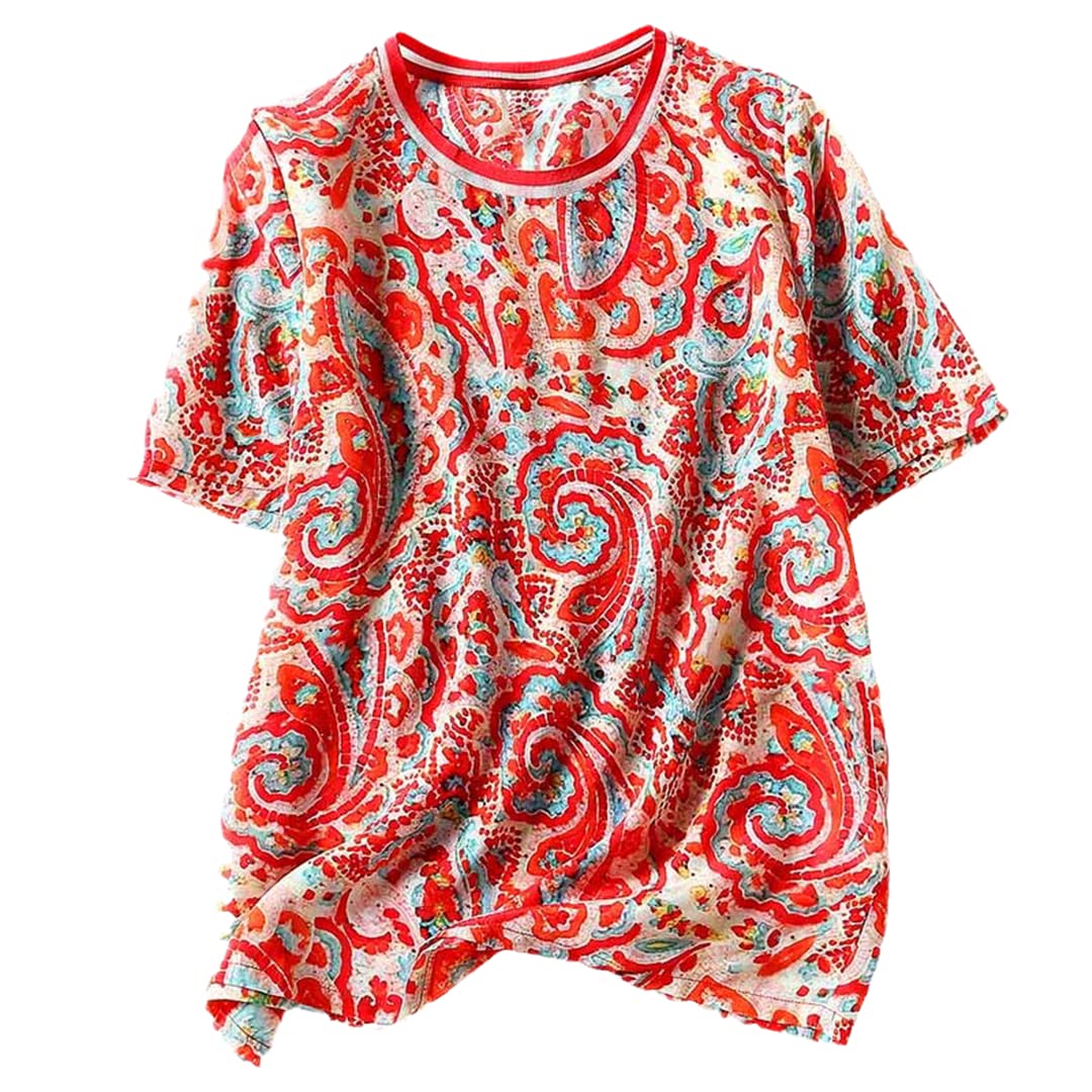 2022 Summer Women's Silk Blouse - Vintage Print Short Sleeve O-Neck Shirt - 100% Pure Silk Red Tops for Women - Perfect for Office Wear, Casual Outings & Summer Vacations