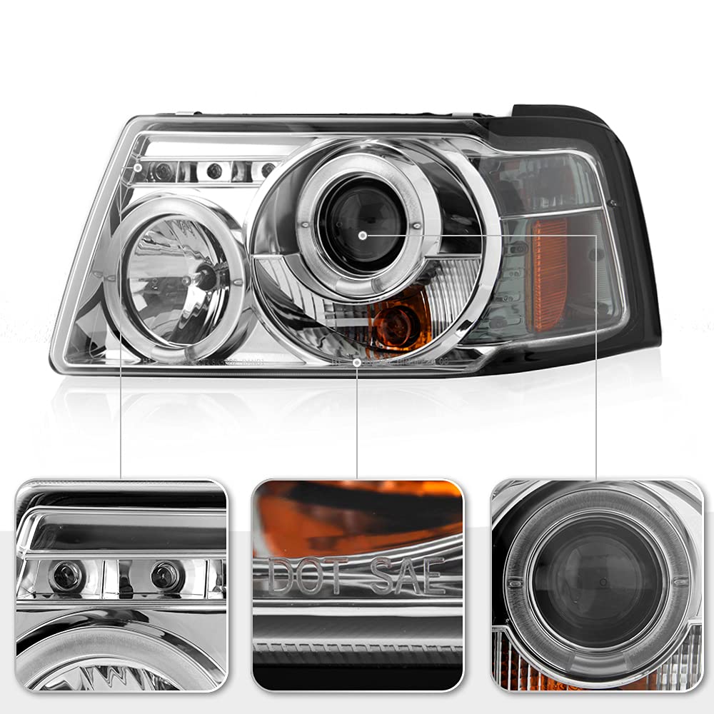 ACANII LED Halo Chrome Projector Headlights for 2001-2011 Ford Ranger - Pair with Corner Lamps (Driver & Passenger Side) | Upgrade Your Truck's Style & Night Visibility for Off-Roading & Daily Commuting