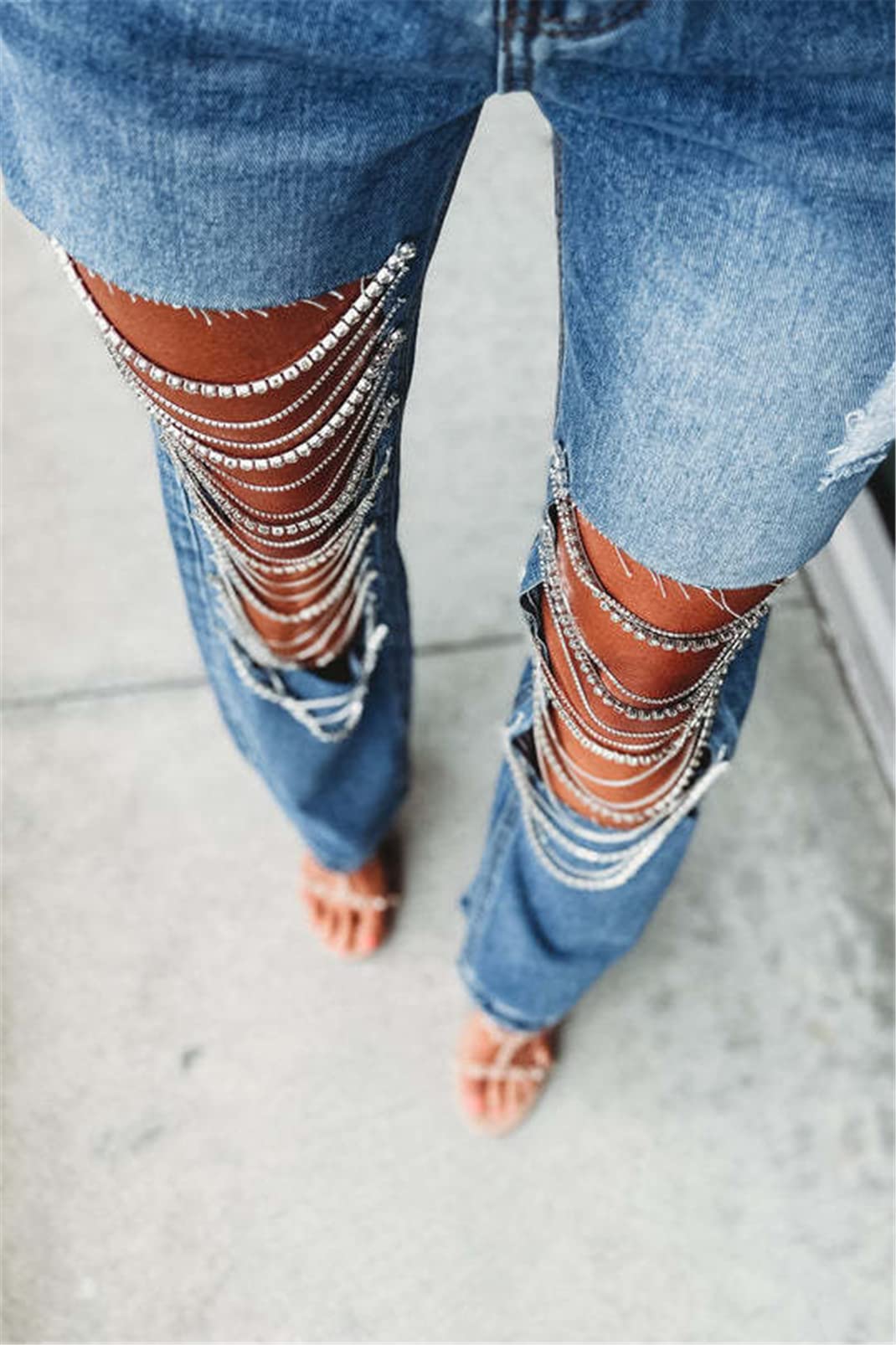 Hotheart Women's Sexy Ripped Distressed Rhinestone Chain Denim Jeans - Trendy Party Clubwear for Night Out & Casual Street Style