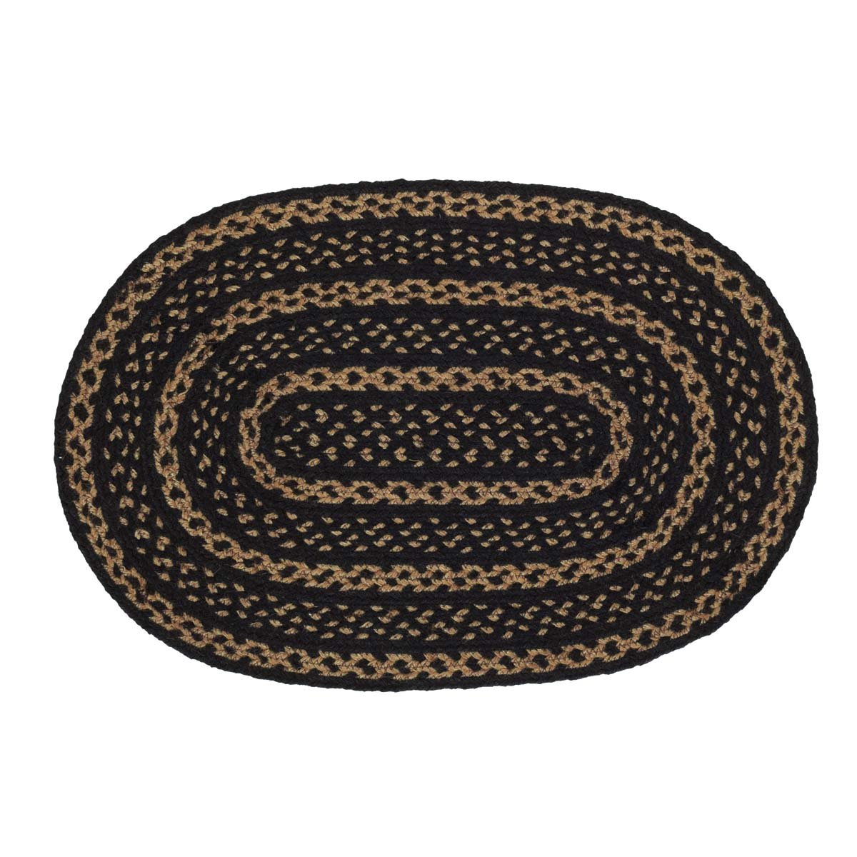 VHC Brands Farmhouse Jute Oval Rug 20x30 Inch - Braided Natural Fiber Floor Mat for Living Room, Bedroom, Dining Area - Country Style Black and Tan Home Decor