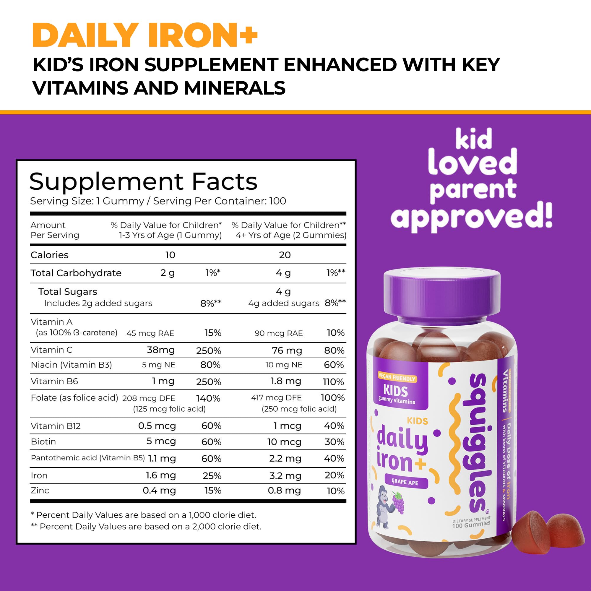 Squiggles Kids Iron+ Multivitamin Gummies - Vegan, Low Sugar Chewable Supplement for Toddlers & Children with Delicious Grape Flavor (100 Count) - Supports Immune Health & Energy for Active Kids