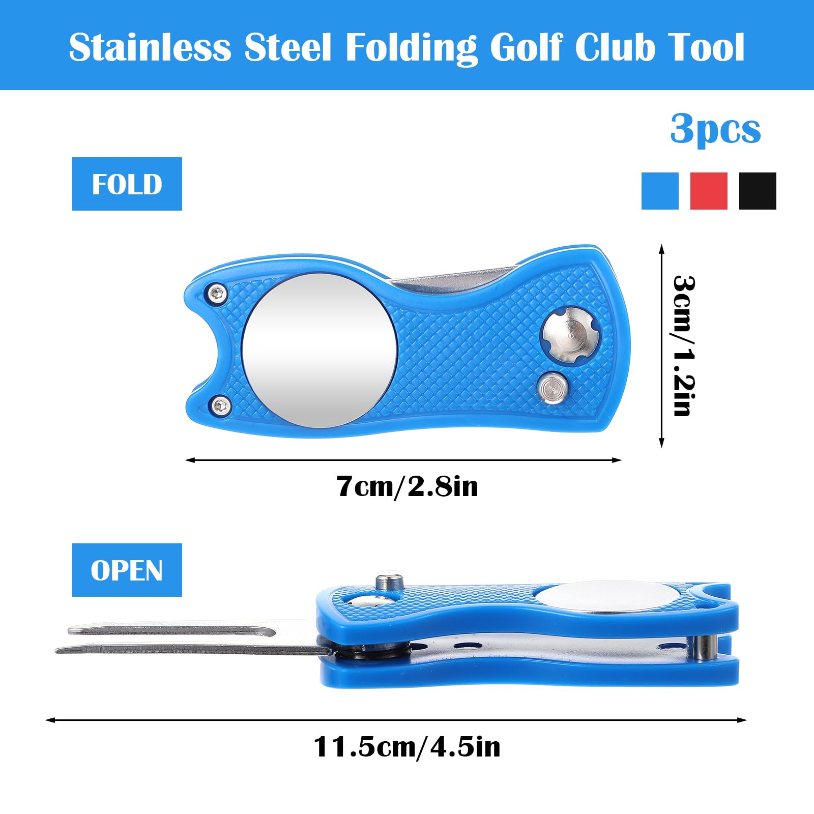 3Pcs Golf Divot Repair Tool Set - Foldable Metal Golf Green Repair Tool with Ball Marker & Turf Fork - Perfect for Golf Course, Practice & Tournament Use