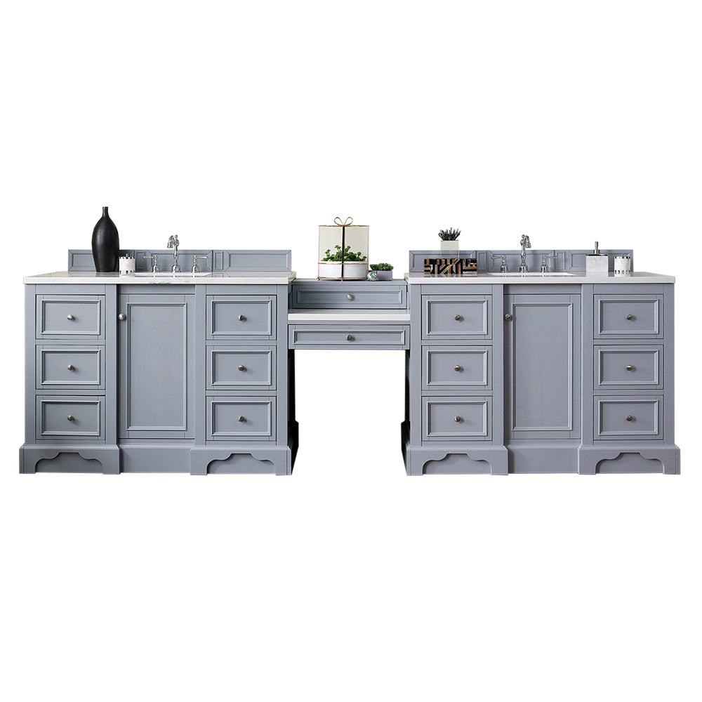 De Soto 118 Double Vanity Set with Makeup Table - Silver Gray Bathroom Vanity with 3CM Arctic Fall Solid Surface Top for Master Bathroom Remodeling & Home Decor