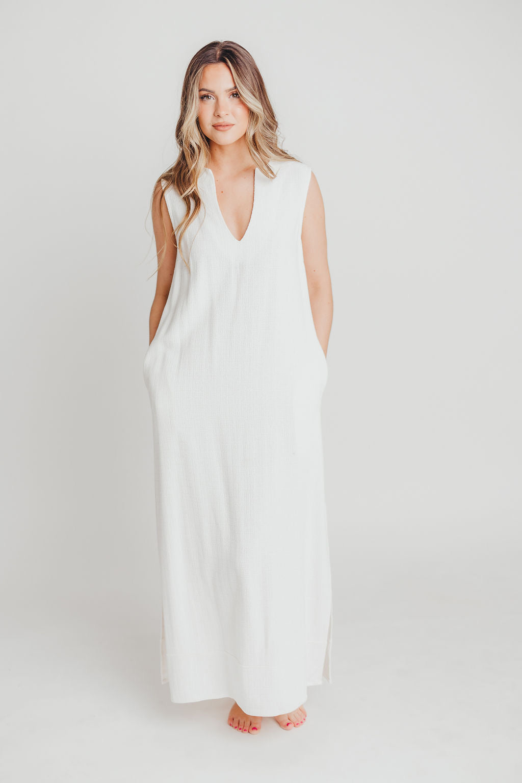How Sweet It Is Sleeveless Linen Blend Maxi Dress in Ivory - Bump Friendly Maternity Wear for Summer Beach Vacations & Outdoor Weddings