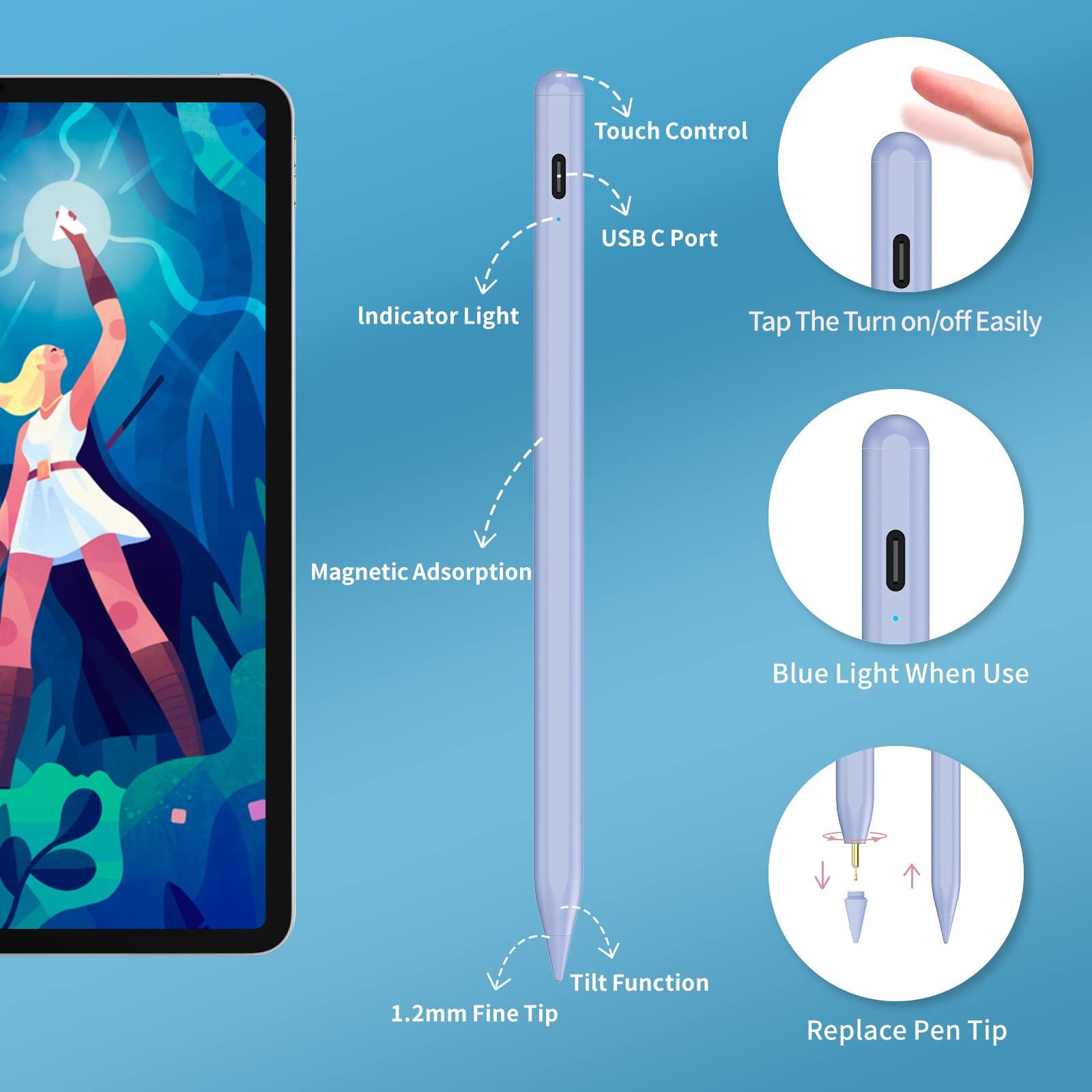 Fast Charging Stylus Pen for iPad (5-Minute Charge) - Compatible with iPad 9th/10th Gen, iPad Pro 11/12.9