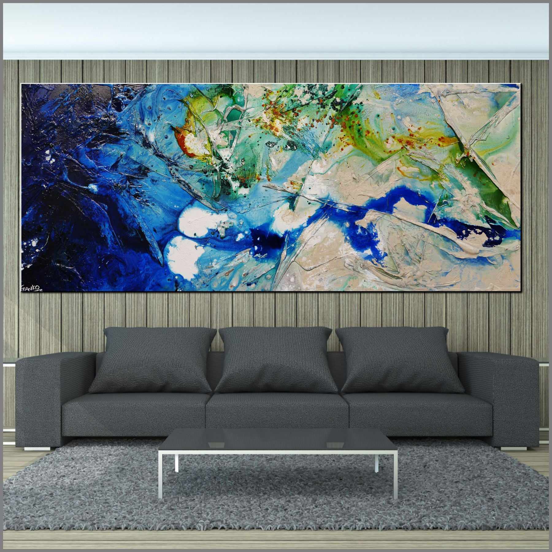 Nature's Class 240cm x 100cm Blue White Green Textured Abstract Canvas Wall Art - Perfect for Living Room, Bedroom or Office Decor