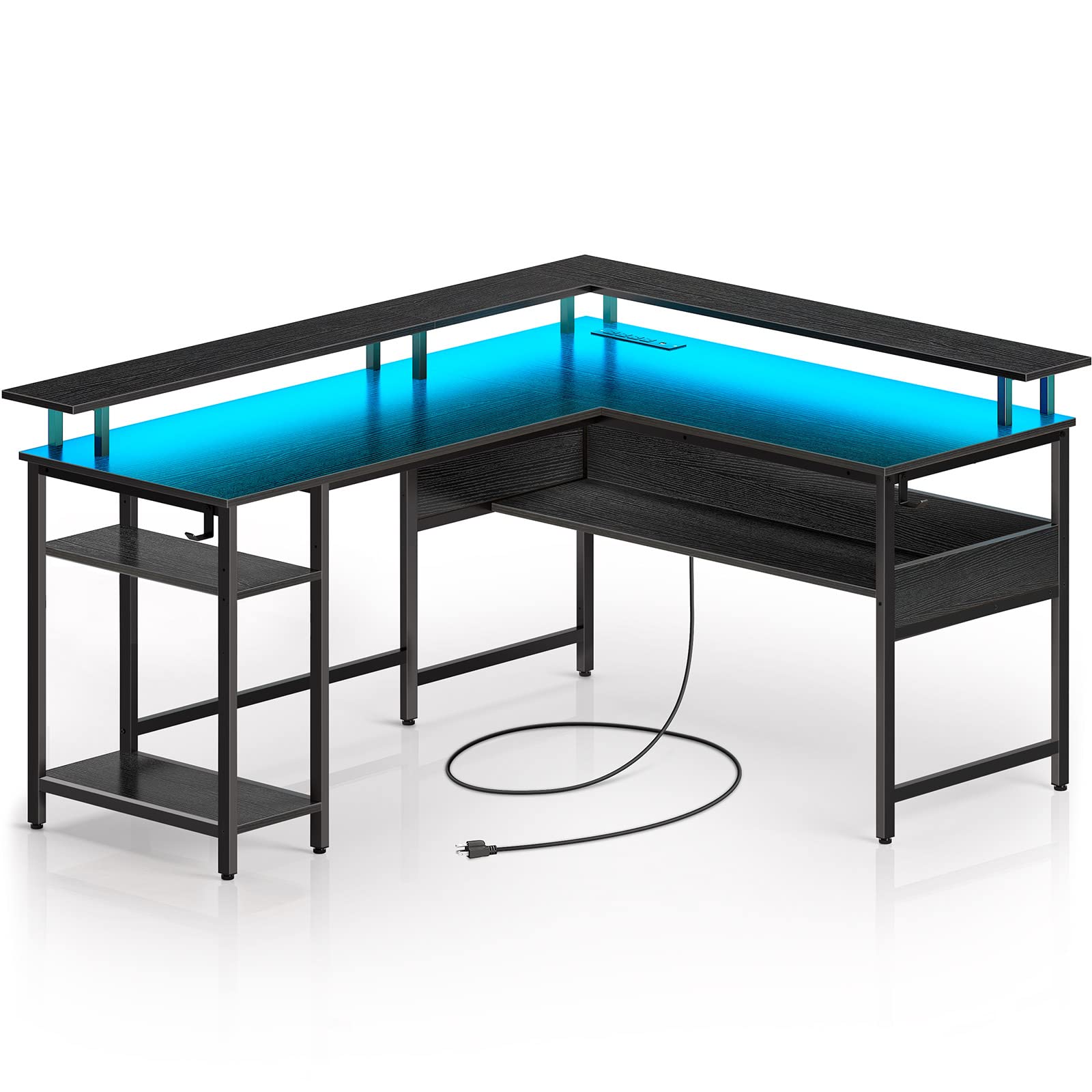 Rolanstar 59'' L-Shaped Computer Desk with LED Lights, Power Outlets & USB Port - Reversible Gaming Desk with Monitor Stand & Storage - Home Office Desk with Hook (Black) - Perfect for Gaming Setups & Small Workspaces