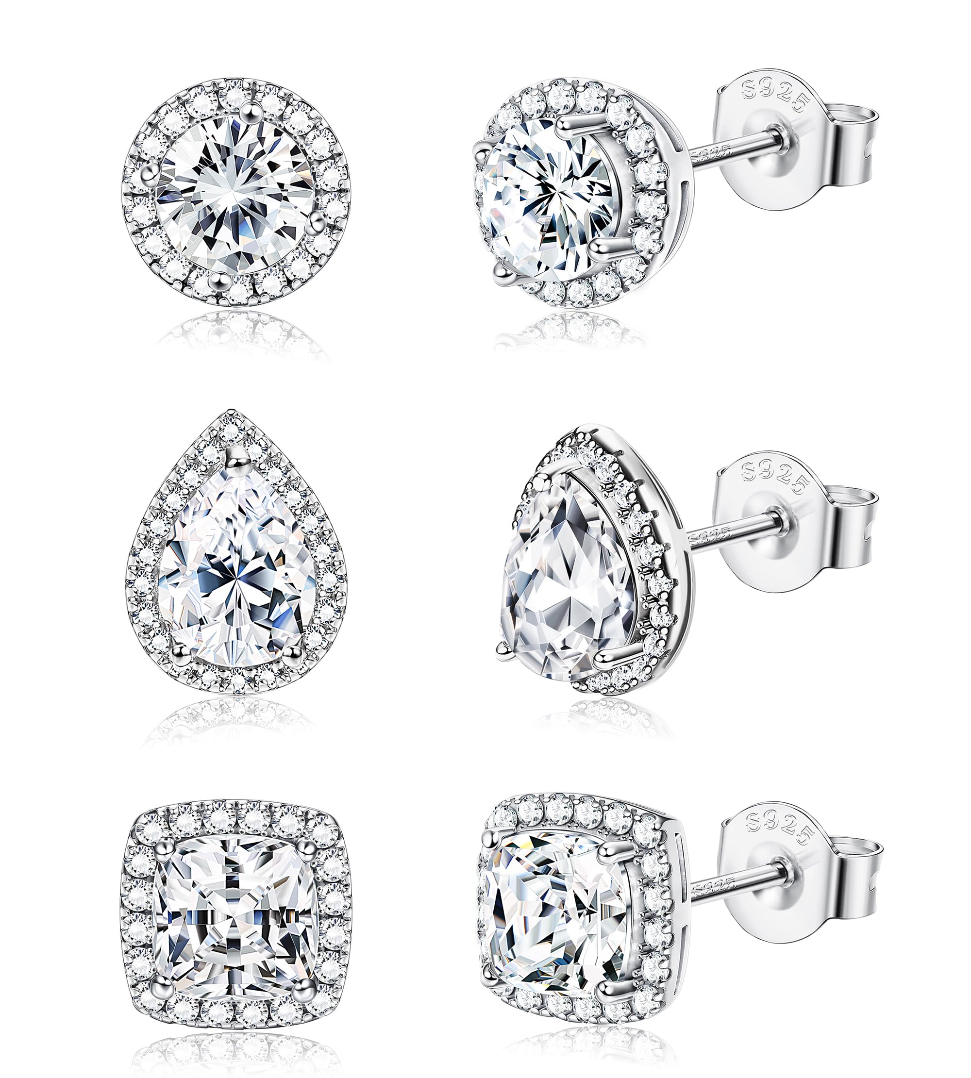 Chriscoco Hypoallergenic Sterling Silver Stud Earrings for Women & Men - Round, Square & Teardrop Cubic Zirconia Halo Studs - Simulated Diamond Earrings for Everyday Wear, Parties & Gifts