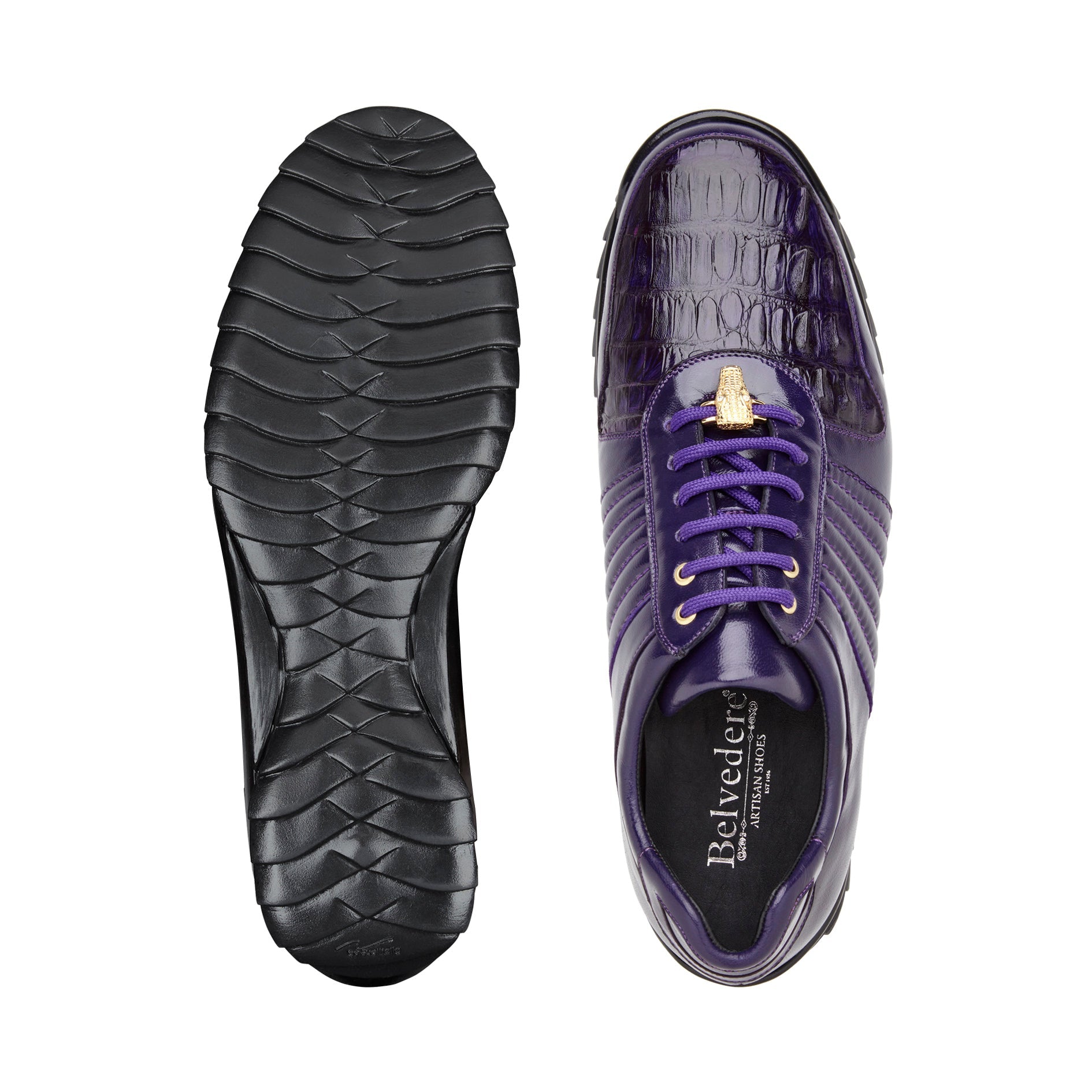 Belvedere Astor Genuine Hornback Caiman Crocodile Leather & Soft Calfskin Sneakers - Men's Luxury Purple Casual Shoes for Business & Evening Wear