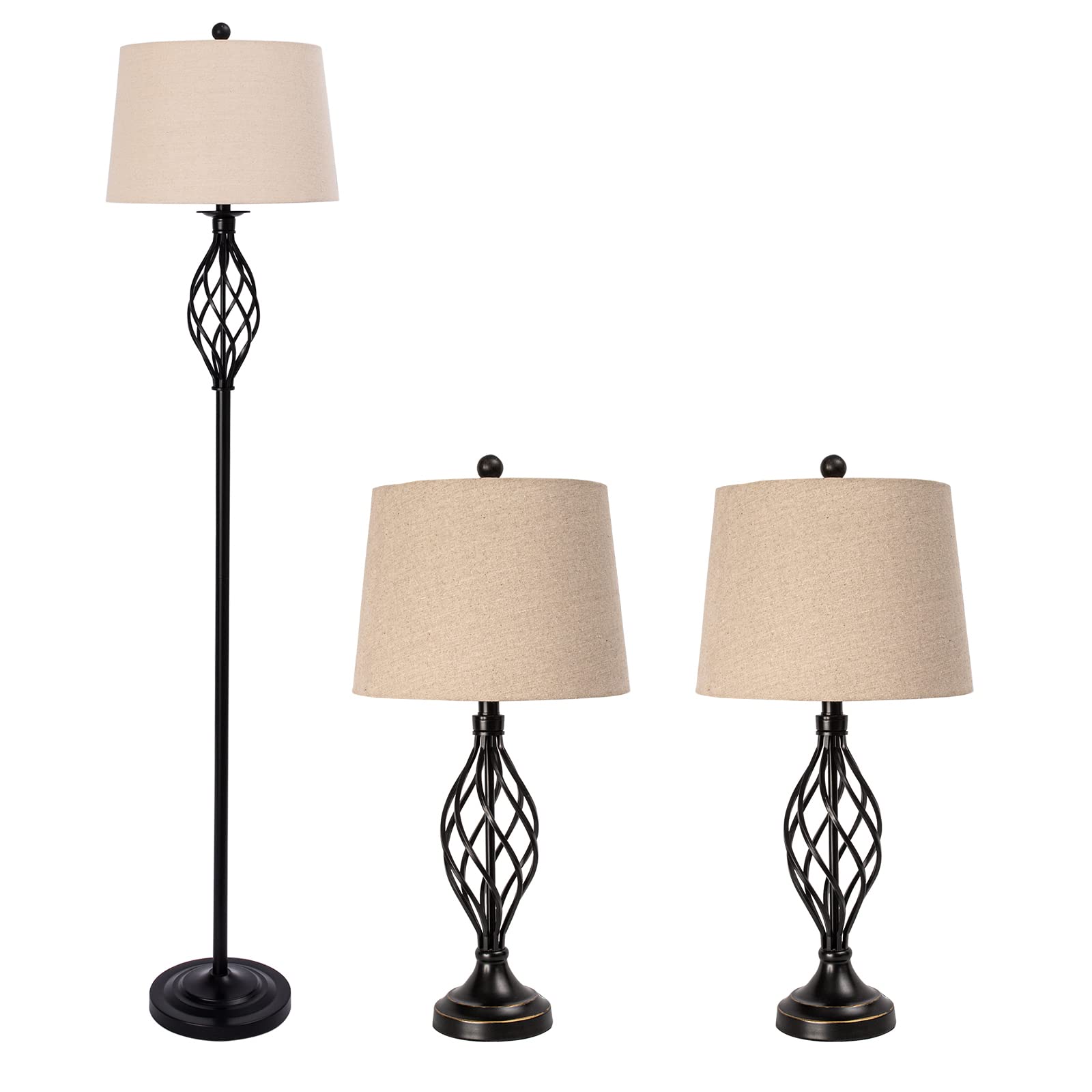 Maxax 3-Piece Farmhouse Lamp Set - Black Table & Floor Lamps with Oatmeal Fabric Shades, 3-Way Dimmable Lighting for Living Room, Bedroom & Dining Room | ETL Certified | Perfect for Cozy Evenings & Home Decor