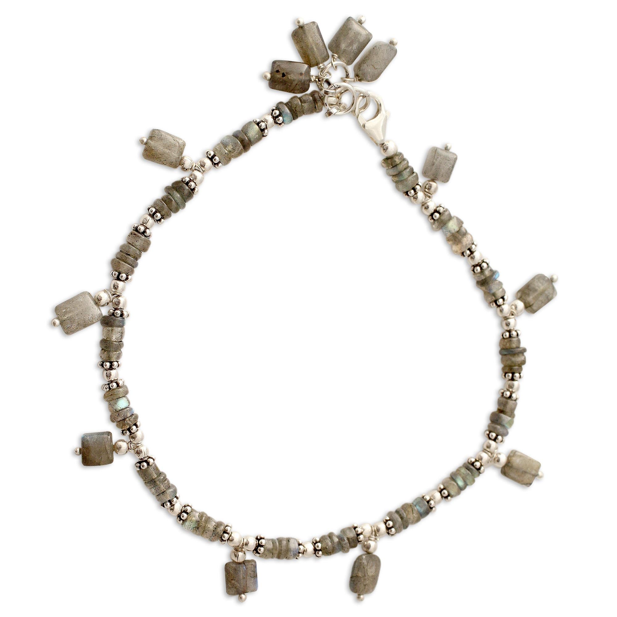 Handmade Labradorite Anklet with .925 Sterling Silver Beads - Intuitive Grey Beaded Ankle Bracelet from India | Boho Jewelry for Women, Yoga & Meditation Accessory