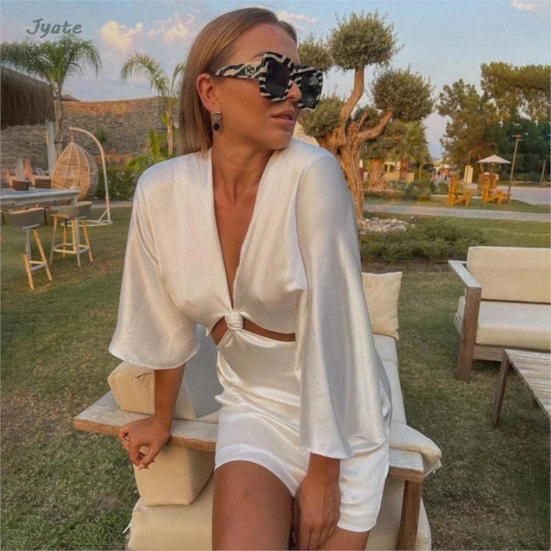 Flare Sleeve Satin Summer Dress for Women - Deep V Neck Hollow Out Party Club Dress, Slim Beach Dress for Night Out, Vacation, and Special Occasions