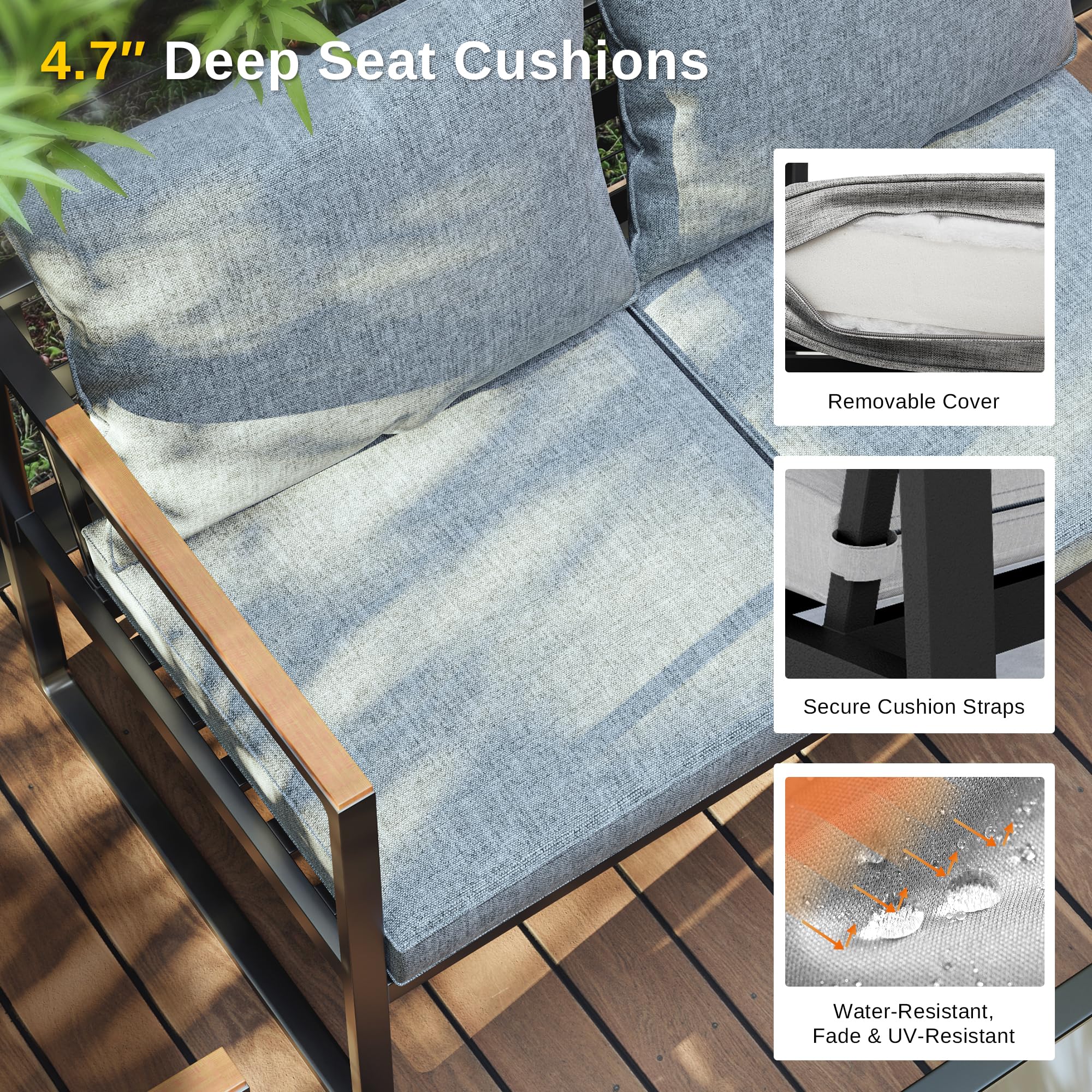 EAST OAK 4-Piece Outdoor Patio Furniture Set with Sofa, Washable Cushions & Tempered Glass Table - Light Gray & Black - Perfect for Backyard, Garden or Poolside Relaxation
