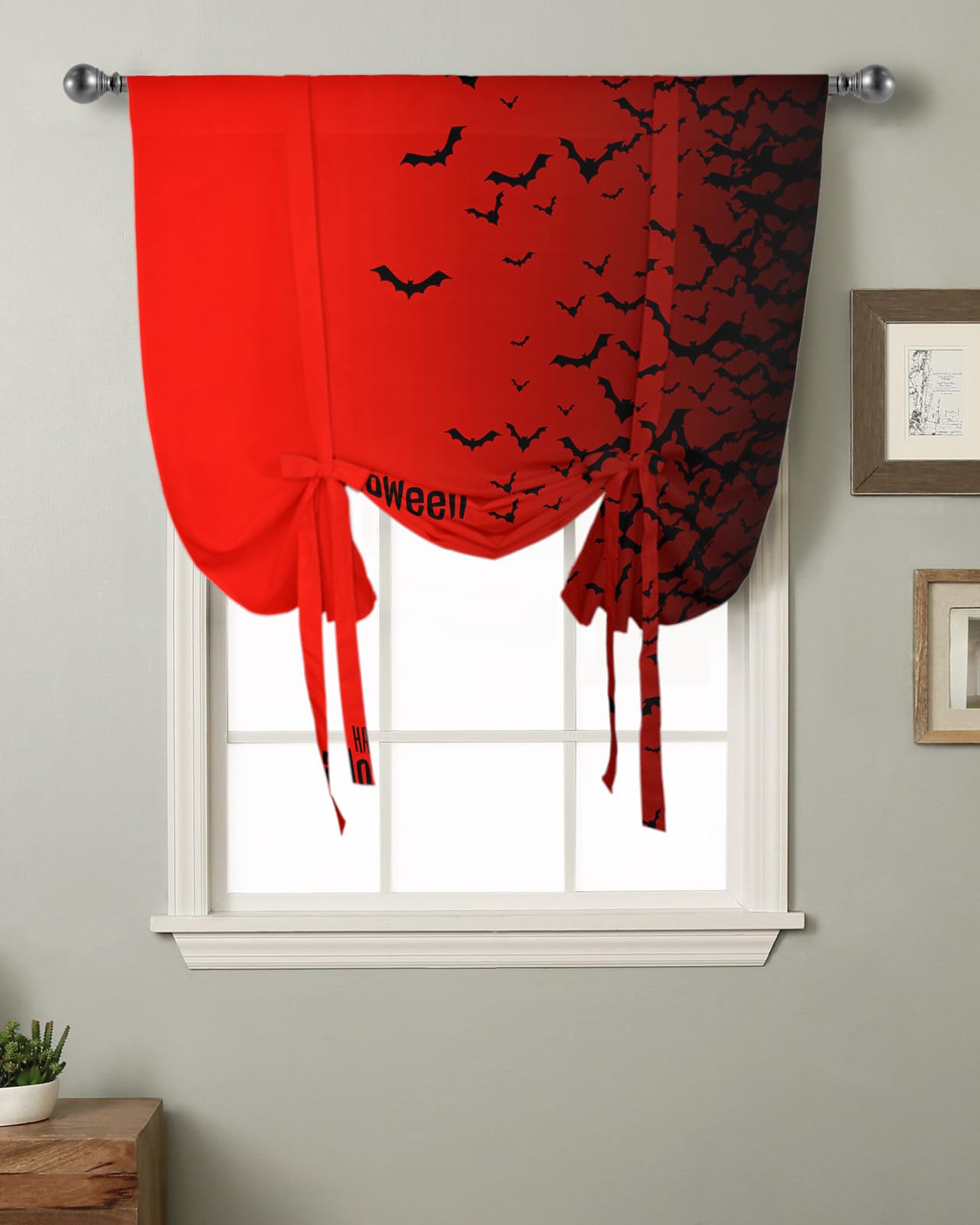 Happy Halloween Kitchen Window Curtains - Black Bats & Red Gradient Balloon Shade with Rod Pocket, 42