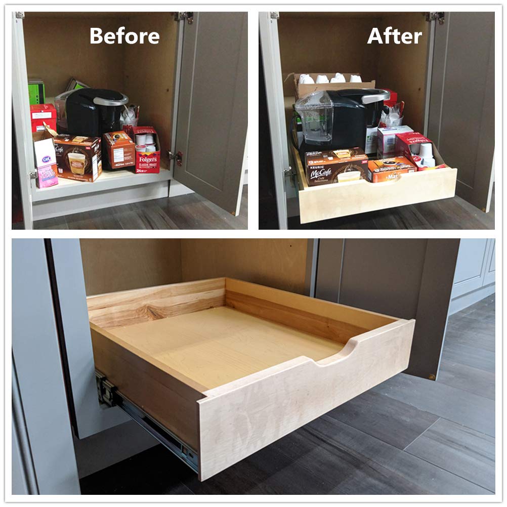 Fully Assembled Wooden Utensil Drawer Organizer - Pull-Out Under Cabinet Sliding Shelf for Kitchen, Bathroom & Vanity - Under Sink Pot Holder Drawer Organizer with Roll-Out Tray (26