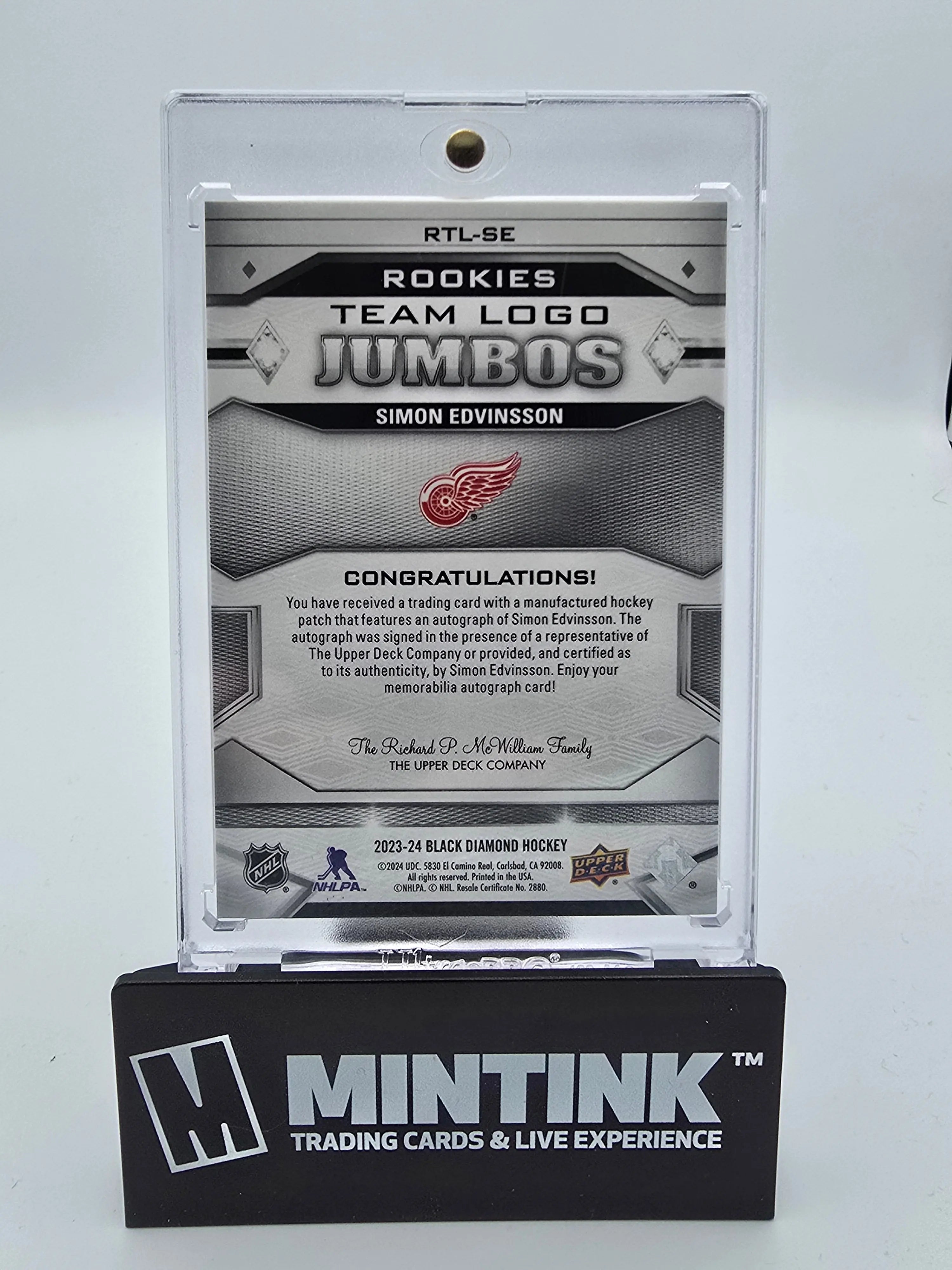 2023-24 Upper Deck Black Diamond Simon Edvinsson Rookie Card #33/49 - Team Logo Jumbo Auto Hockey Trading Card for Collectors & NHL Fans - Perfect for Sports Memorabilia Displays & Investment Collections