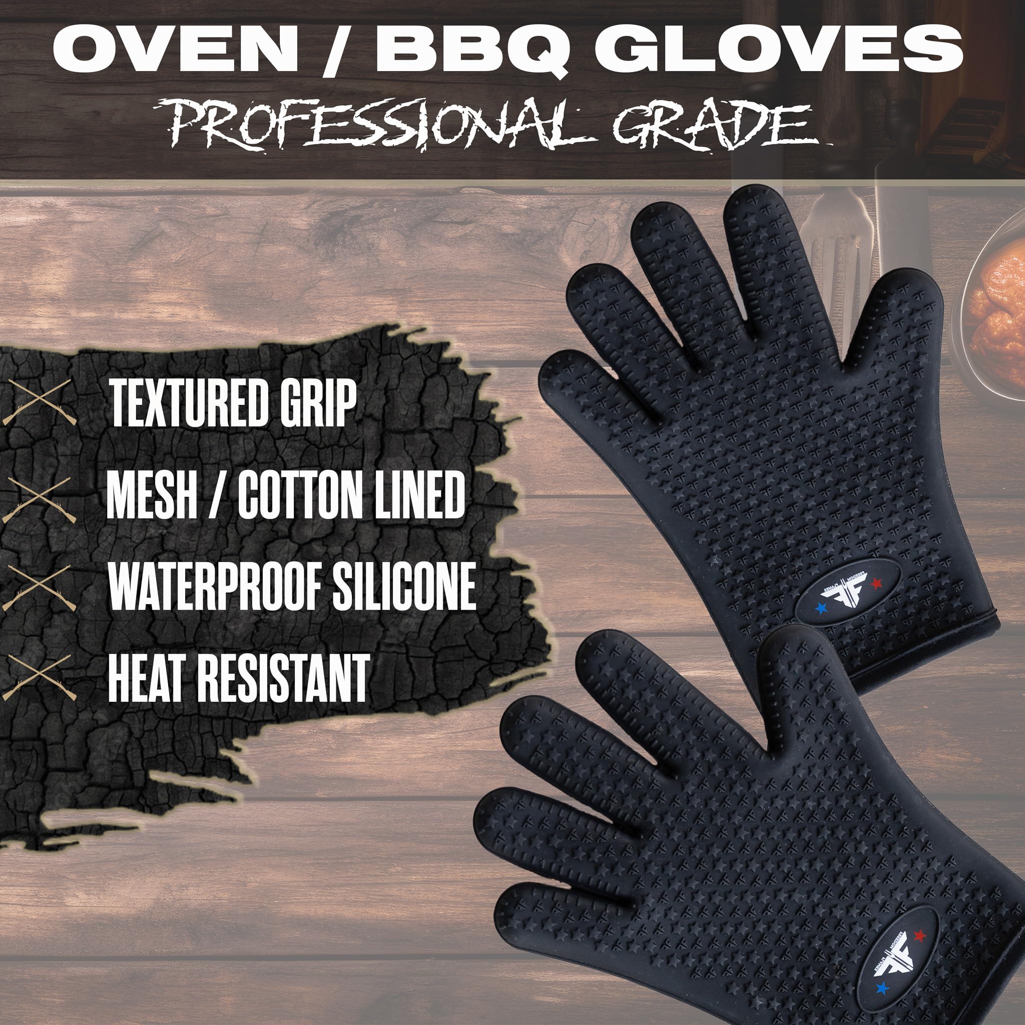 Heat Resistant Silicone Oven Mitts & BBQ Gloves - Waterproof, Easy Clean Cooking Gloves for Grilling, Baking, Smoker Pit & Kitchen Use - Perfect for Outdoor BBQ, Camping & Home Cooking (Black)