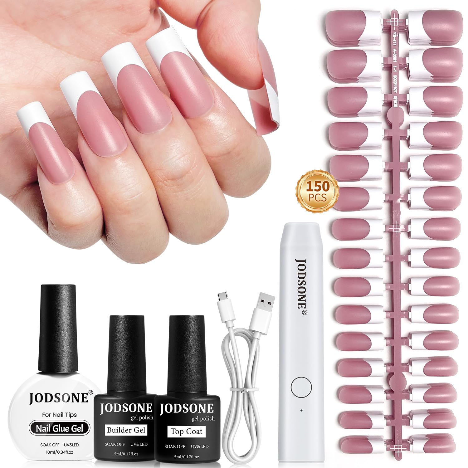 JODSONE 154PCS Pink French Press On Nails Kit - Gel Nail Tips, Extension Kit with Nail Glue, Base & Top Coat, Handheld UV Lamp - Soft Fake Nails for Home Manicure, Salon, Parties & Special Occasions