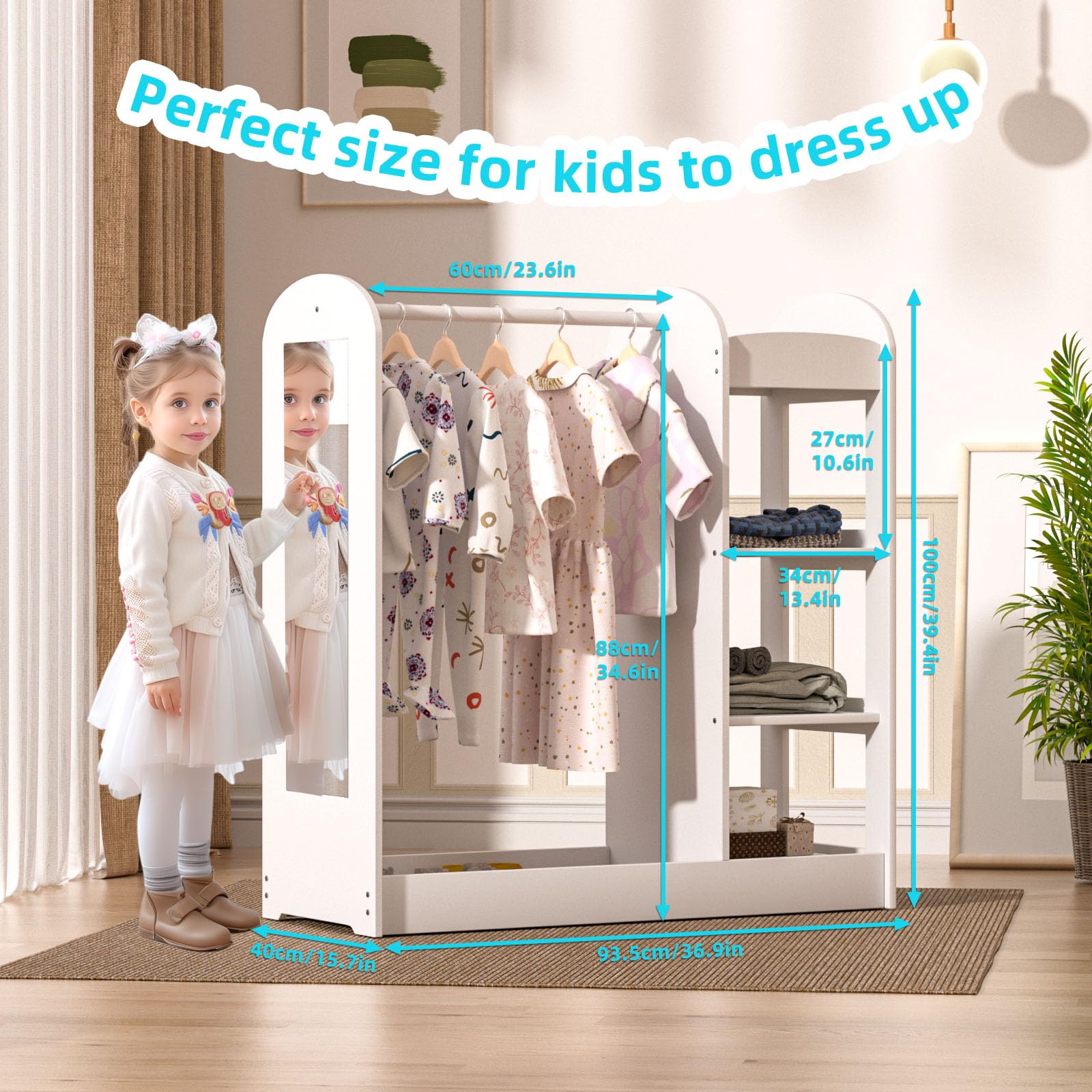67i Kids Dress Up Storage Armoire with Mirror - Play Closet Organizer for Pretend Costumes & Hanging Clothes - White Wardrobe for Little Girls Bedroom (Perfect for Dress-Up Play, Birthday Gifts & Bedroom Organization)