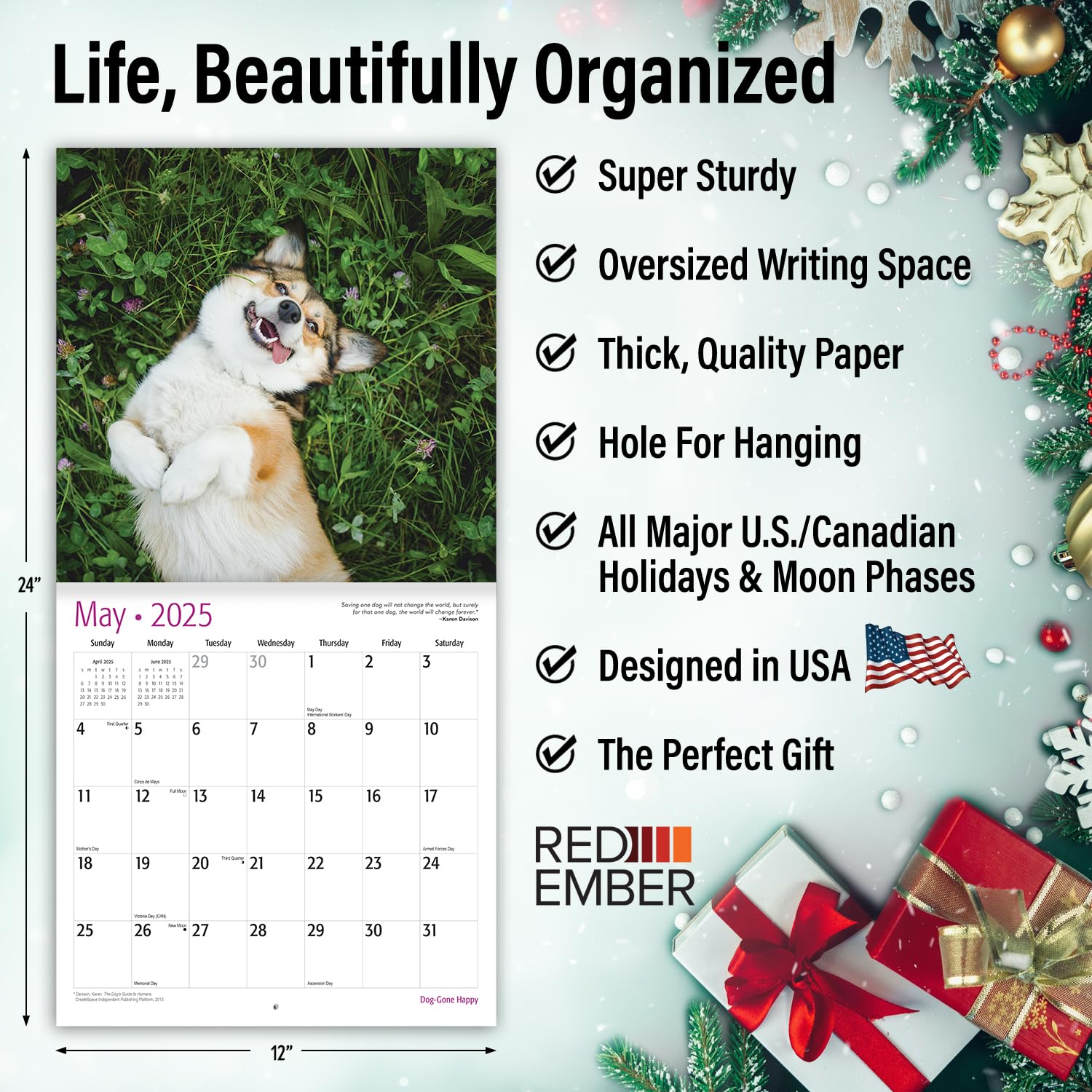 RED EMBER Dog-Gone Happy 2025 Wall Calendar - 12 Month Large 12x24 Inch with Thick Sturdy Paper - Perfect Gift for Dog Lovers - Home, Office & Classroom Decor