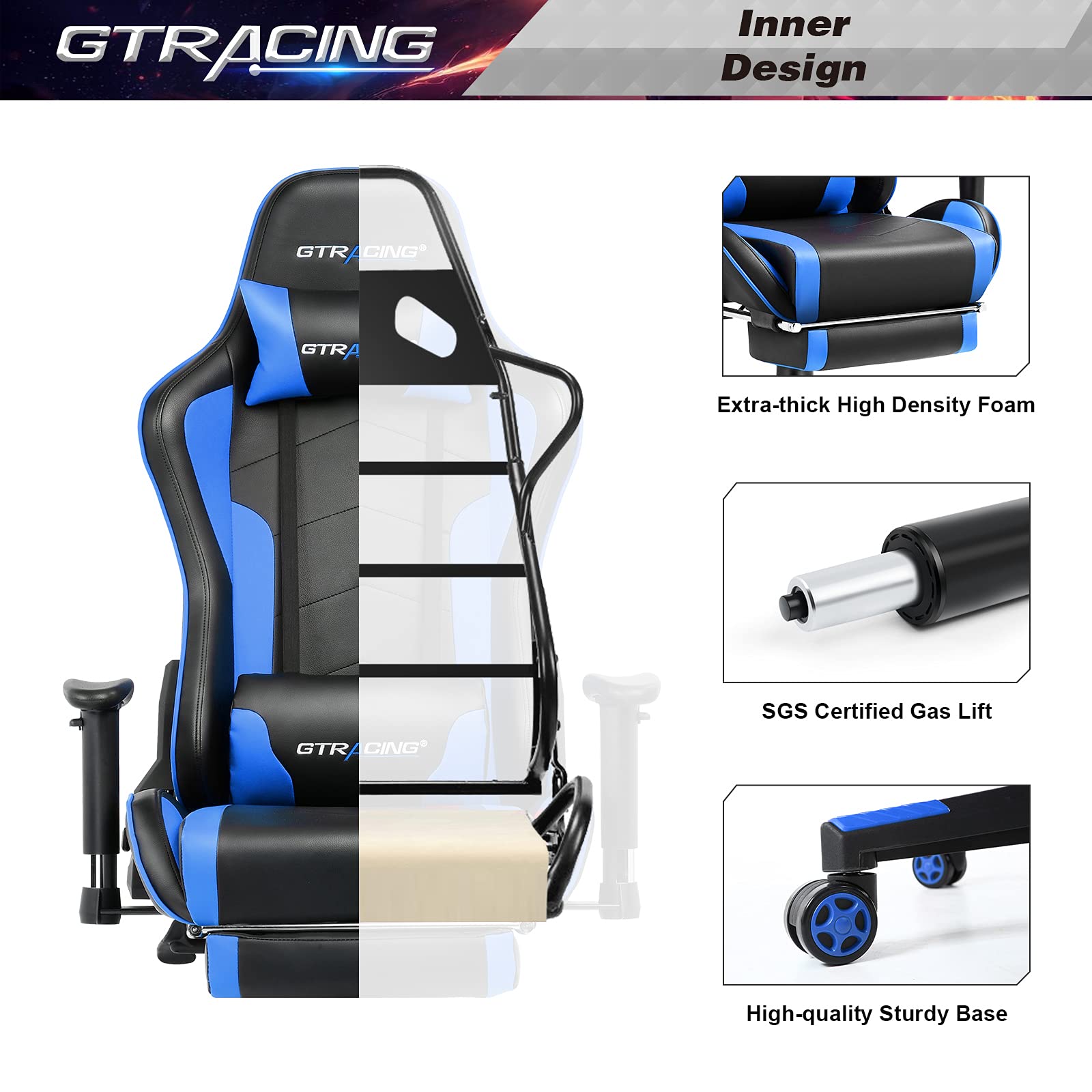 GTRACING Ergonomic Gaming Chair with Adjustable Footrest & Bluetooth Speakers - Heavy Duty Computer Office Desk Chair for Video Games & Work (Blue) - Perfect for Gaming, Streaming & Home Office Use