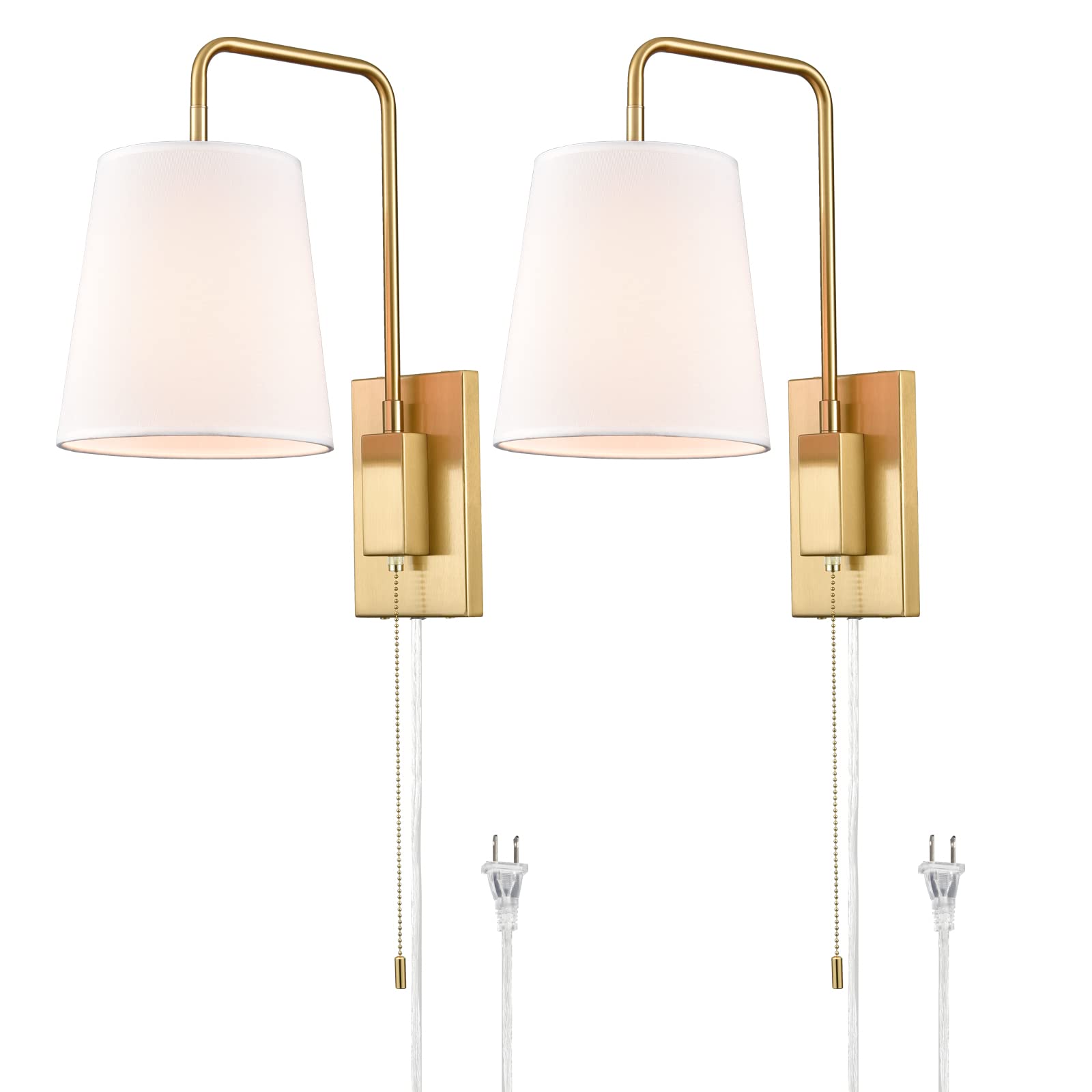 Gold Fabric Shade Wall Sconce - Set of 2 Plug-in Wall Lamps for Bedroom, Living Room & Hallway - Elegant Lighting Fixture with Soft Glow for Cozy Ambiance
