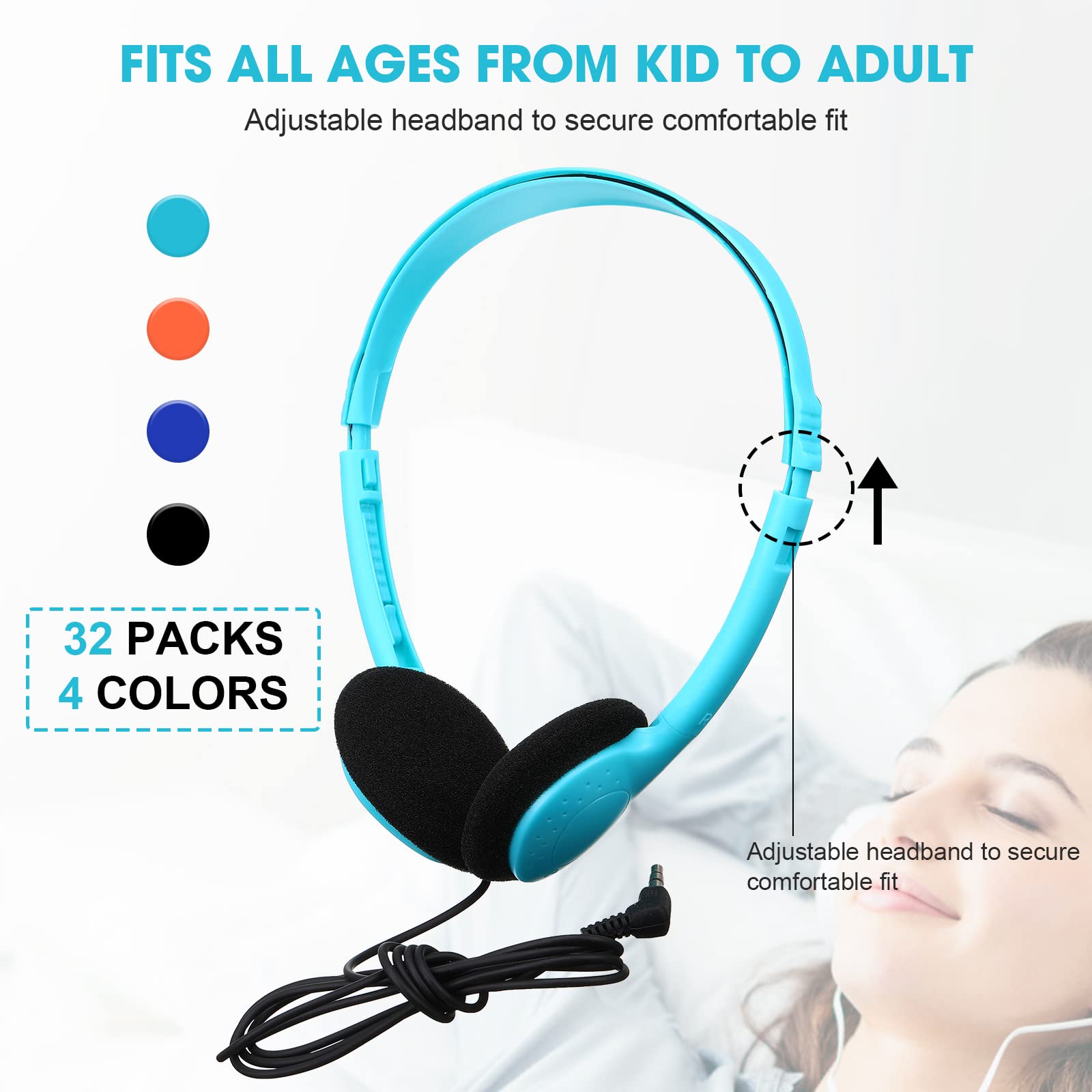 32 Pack Bulk Headphones for School & Classroom - Adjustable Wired Headsets with 3.5mm Jack (Light Blue, Orange, Blue, Black) - Perfect for Students, Teachers & Office Use