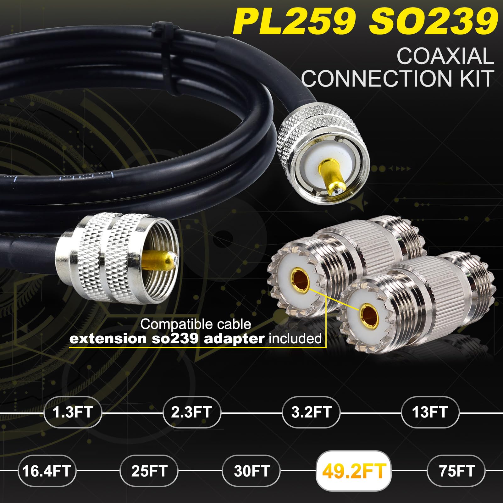 CB Antenna Cable - PL259 RG58 Coaxial Cable 49.2ft with 2PCS UHF SO239 Female Adapters | 50 Ohm Coax Cable for CB Ham Radio, SWR Meter & Antenna Analyzer | Perfect for HF Radio, Amateur Radio & Mobile Communication Setups