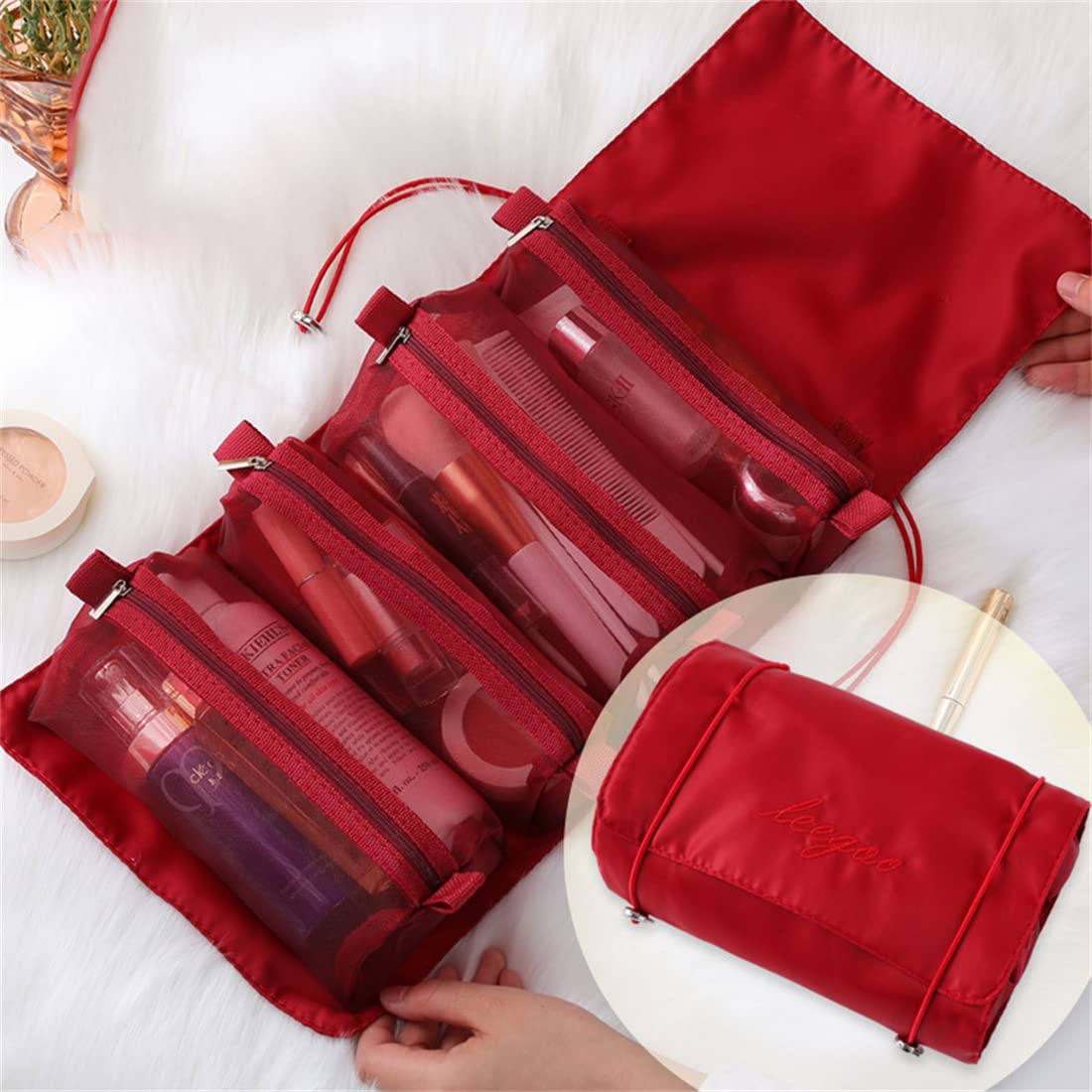 Large Waterproof Hanging Makeup Bag for Travel - Detachable Folding Cosmetic Organizer with Separate Compartments (Red) | Perfect for Toiletries Storage, Vacation Essentials & Daily Beauty Routine