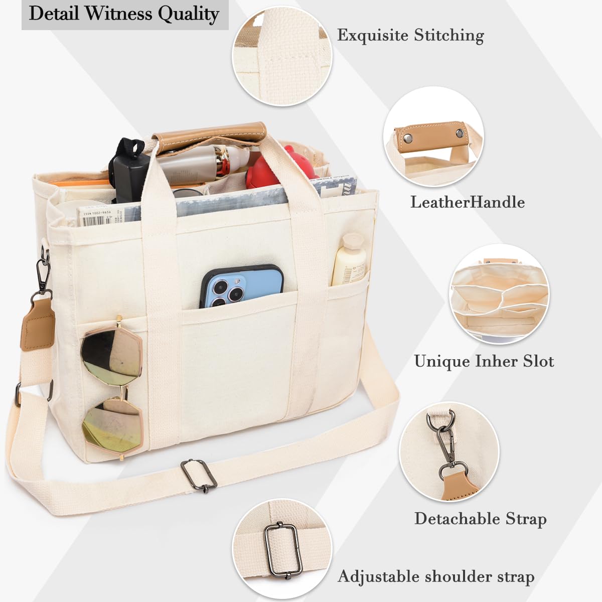 Stylish Canvas Tote Bag for Women with Multiple Pockets - Trendy Crossbody Shoulder Handbag with Spacious Compartments | Perfect for Work, Travel, Shopping & Daily Use