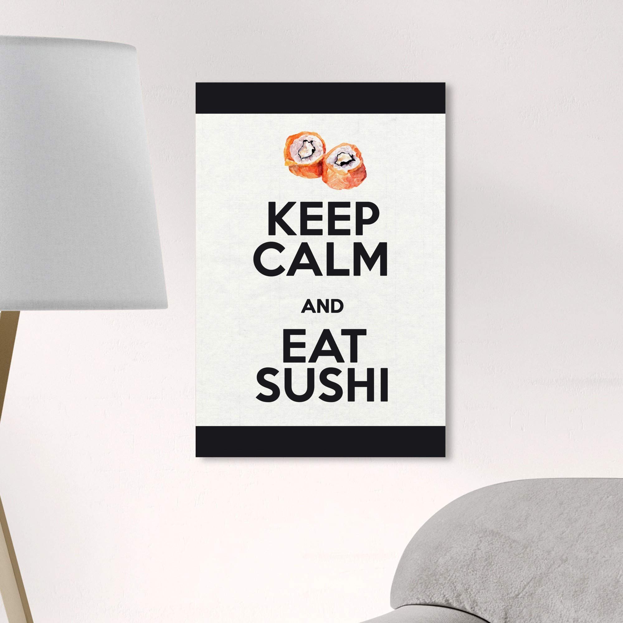 Wynwood Studio 'Eat Sushi Rolls' Canvas Wall Art Print - 16x24 Inch Modern Japanese Food Decor for Kitchen, Dining Room & Restaurant - Pink and White Framed Home Décor