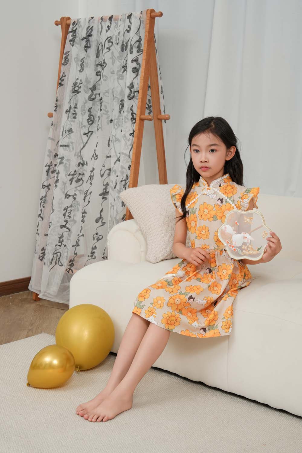 Singapore Souvenir Gift - Sunflower Print Cheongsam Dress for Baby Girls & Kids | Traditional Chinese Qipao Outfit for Parties, Photos & Cultural Events
