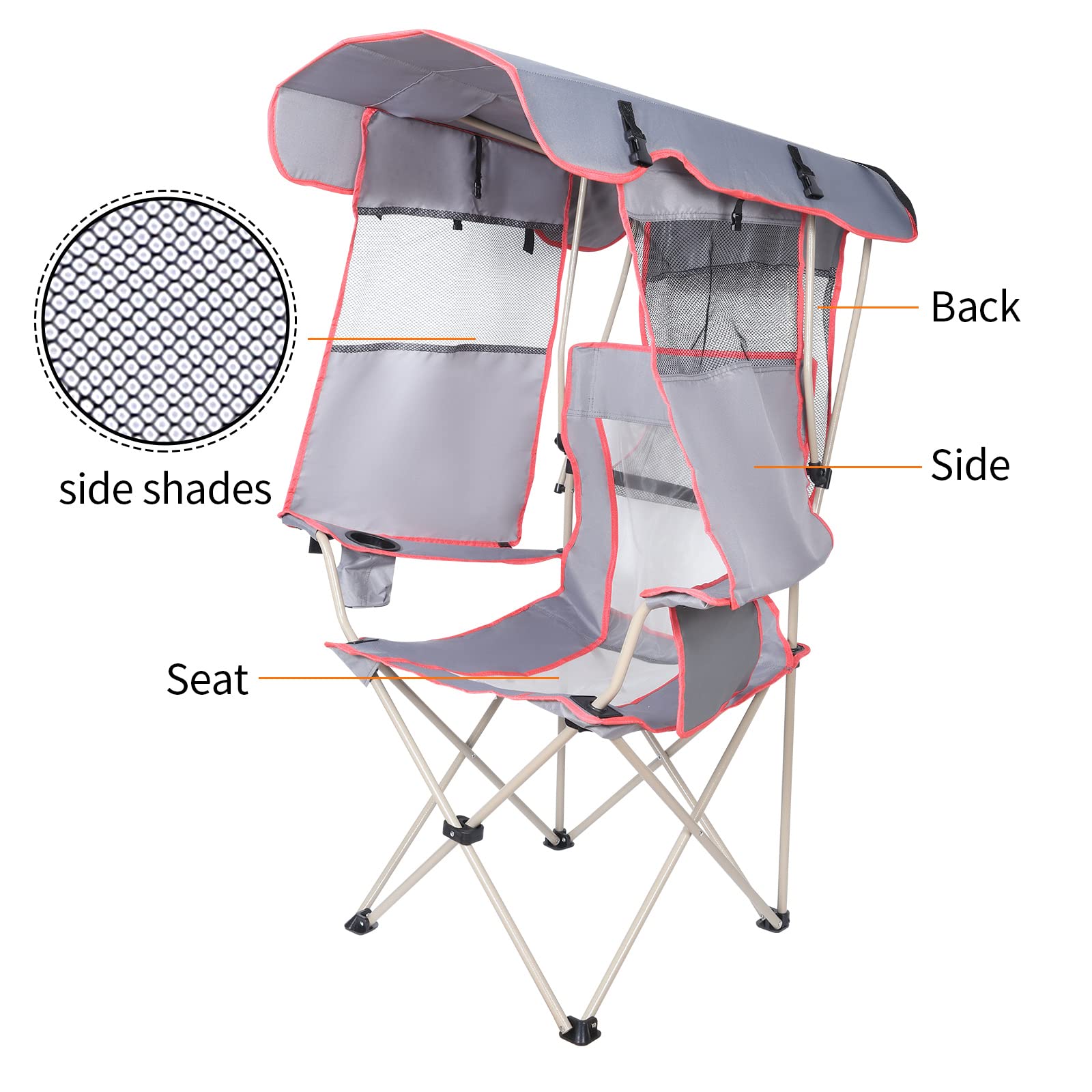 Premium Camping Chair with Full Sun Protection Canopy - Heavy Duty 330lbs Capacity Folding Outdoor Chair with Adjustable Shade, Cup Holder & Side Pockets - Perfect for Beach, Backyard, Picnic & Tailgating (Gray)