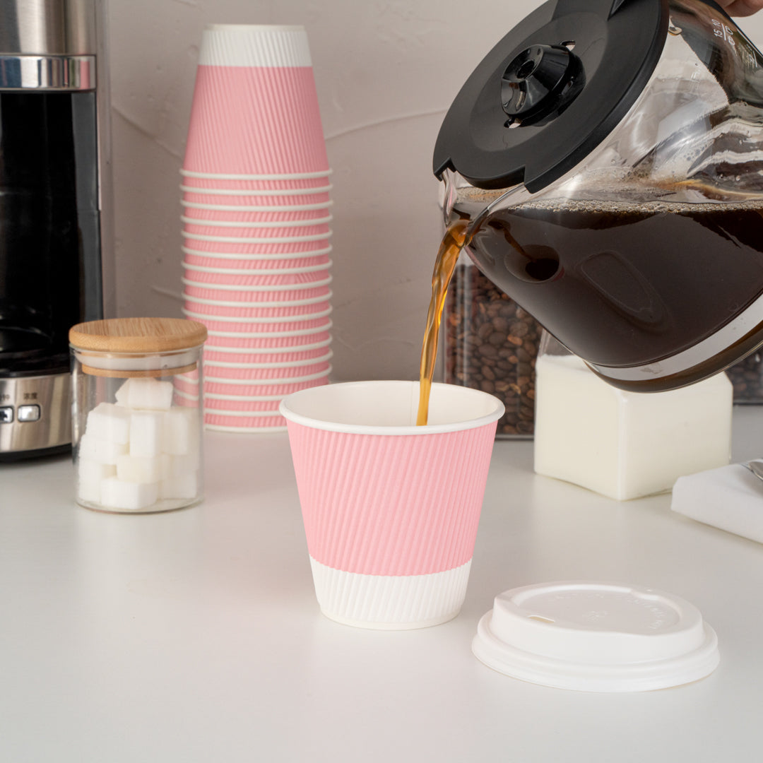 8 oz Light Pink Disposable Paper Coffee Cups with Ripple Wall - 3.5