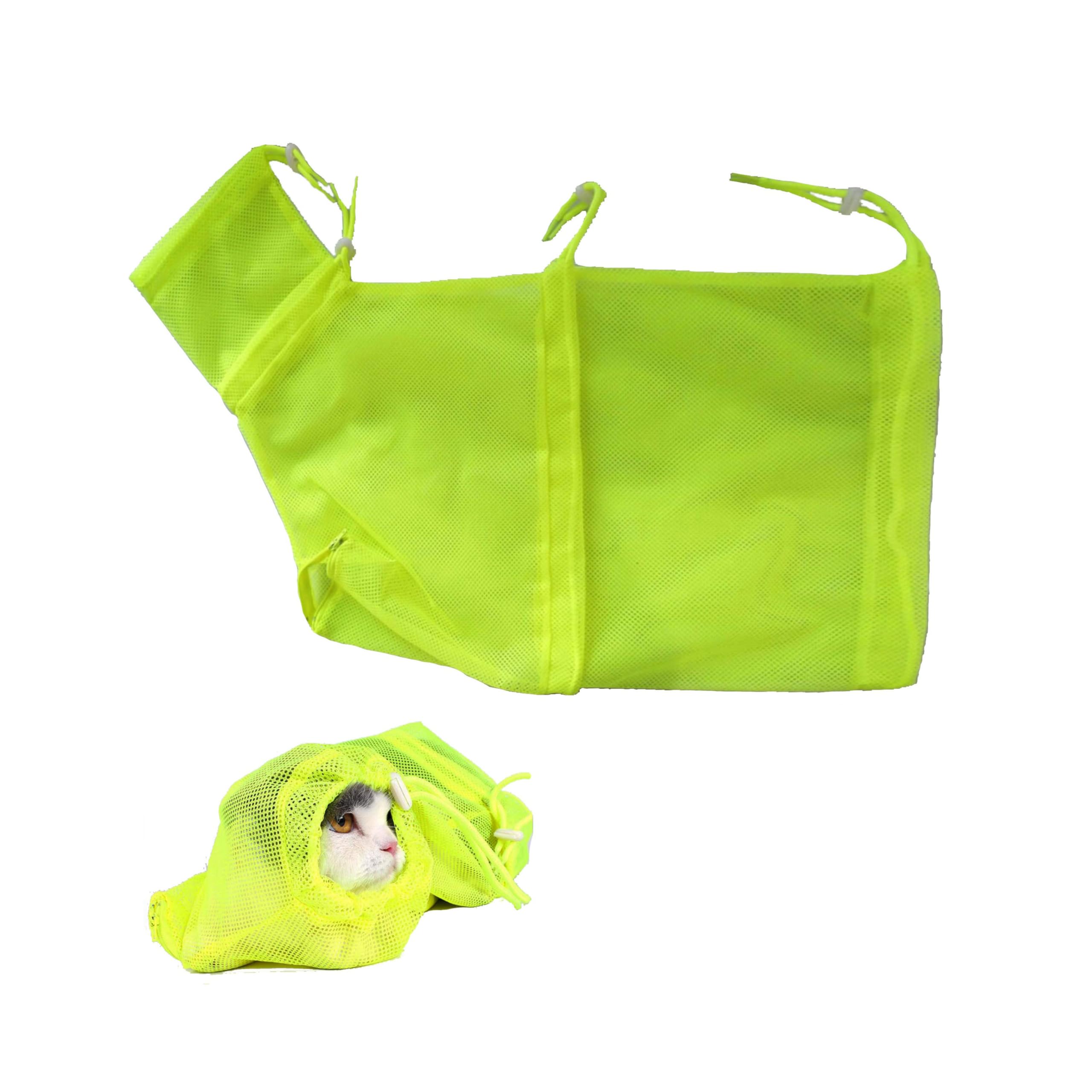 Adjustable Multifunctional Polyester Cat Bathing Bag - Pet Shower & Nail Trimming Mesh Net for Grooming (Yellow) - Perfect for Home Pet Care & Vet Visits