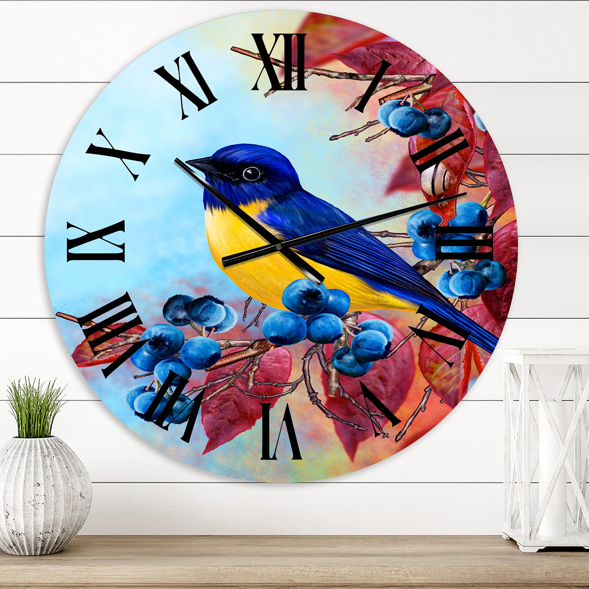 DesignQ Traditional Wall Clock - Bright Bird Bullfinch Sitting on Branch - Large Decorative Wall Clock for Living Room, Bedroom & Office - Vintage Home Decor & Gift Idea