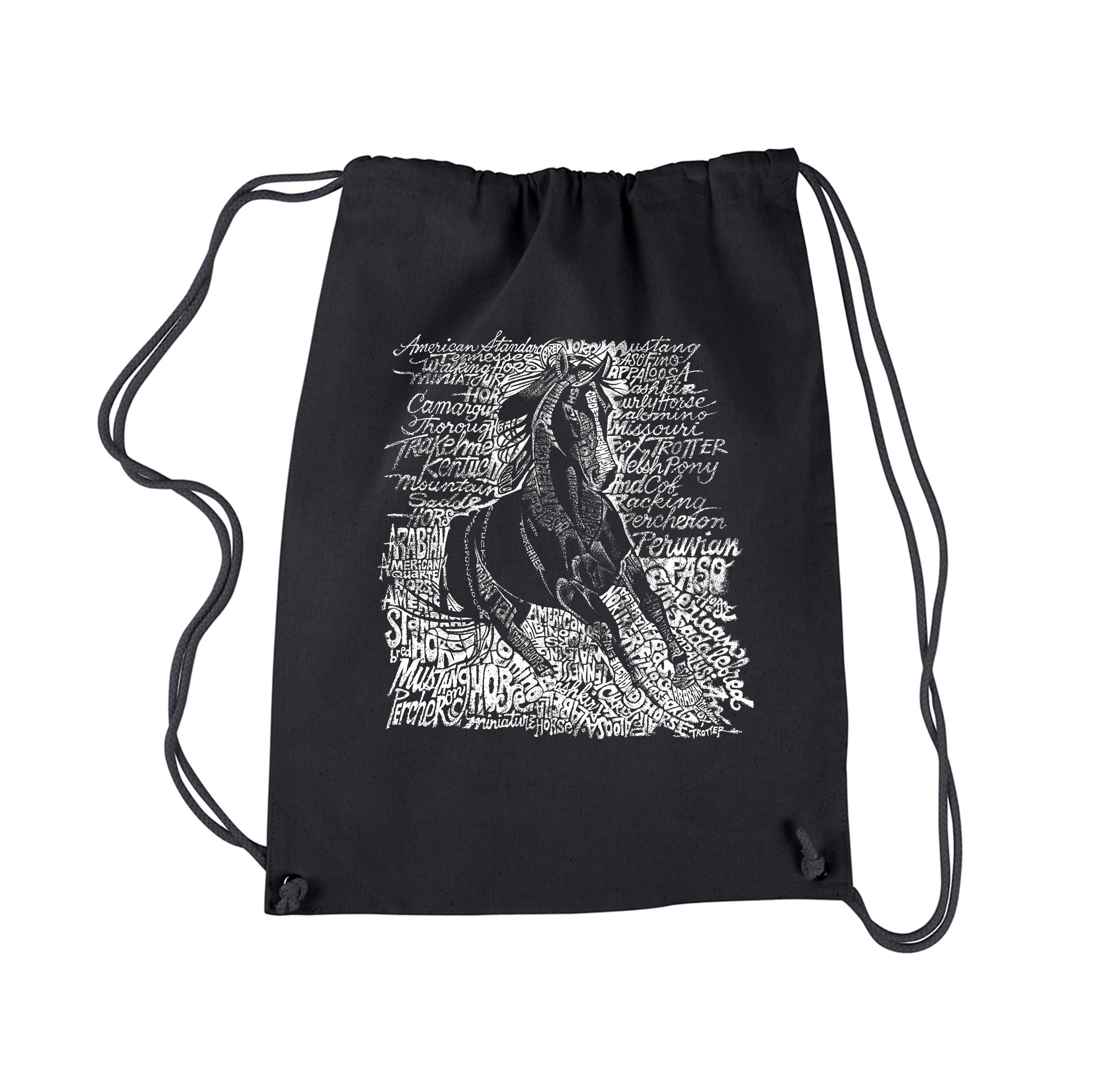 LA POP ART Drawstring Backpack - Horse Breeds Design - Black | Stylish & Lightweight School Bag for Students, Travel & Outdoor Activities