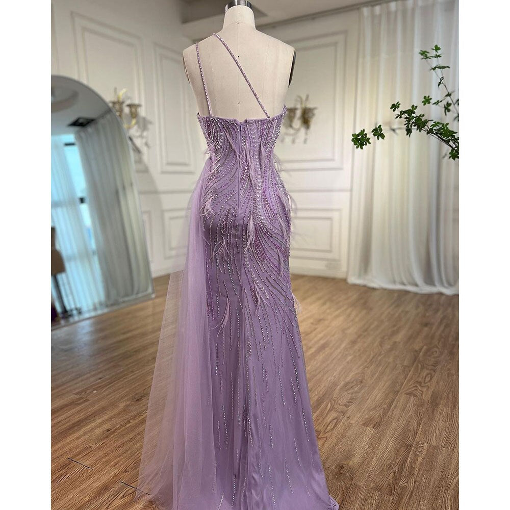 Serene Hill Lilac Mermaid Elegant One Shoulder Feather Beaded Luxury Evening Dress Gown for Women - Perfect for Wedding, Prom, Gala & Formal Events 2025 | Style LA72154