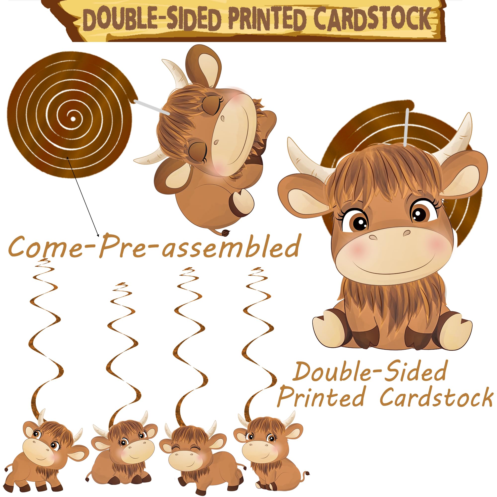 15pcs Highland Cow Hanging Swirl Decorations - Brown Cow Print Party Supplies for Western Theme Birthday, Baby Shower & Kids Events | Perfect for Farm Animal, Rustic & Country Style Celebrations